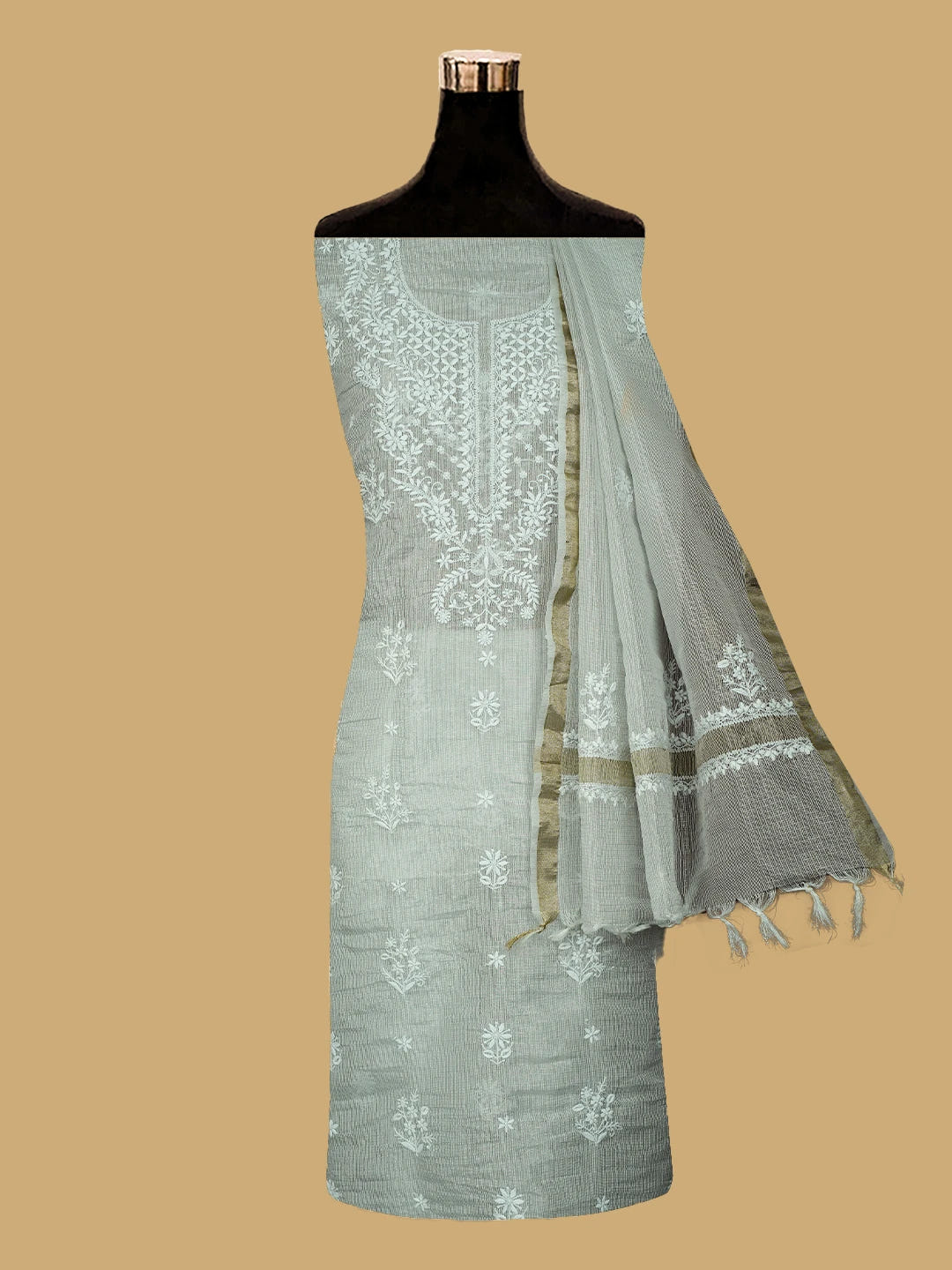 Ada Hand Embroidered French Grey Tissue Lucknowi Chikankari Unstitched Kurta Dupatta Set With Zari Work 01A726729
