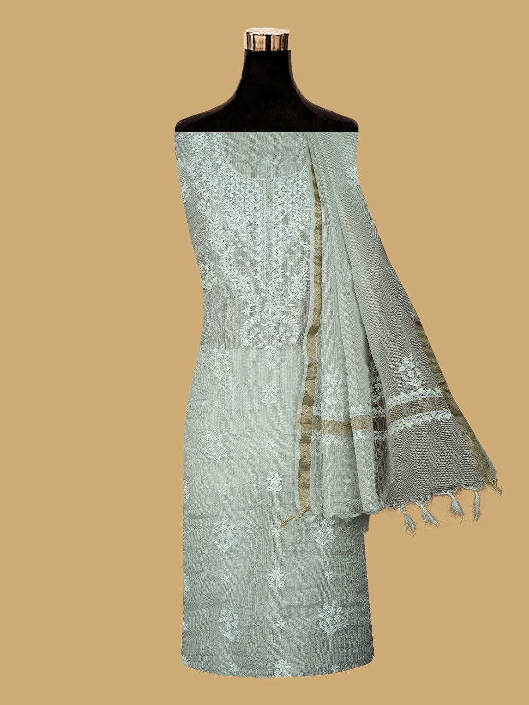 Ada Hand Embroidered French Grey Tissue Lucknowi Chikankari Unstitched Kurta Dupatta Set With Zari Work 01A726729