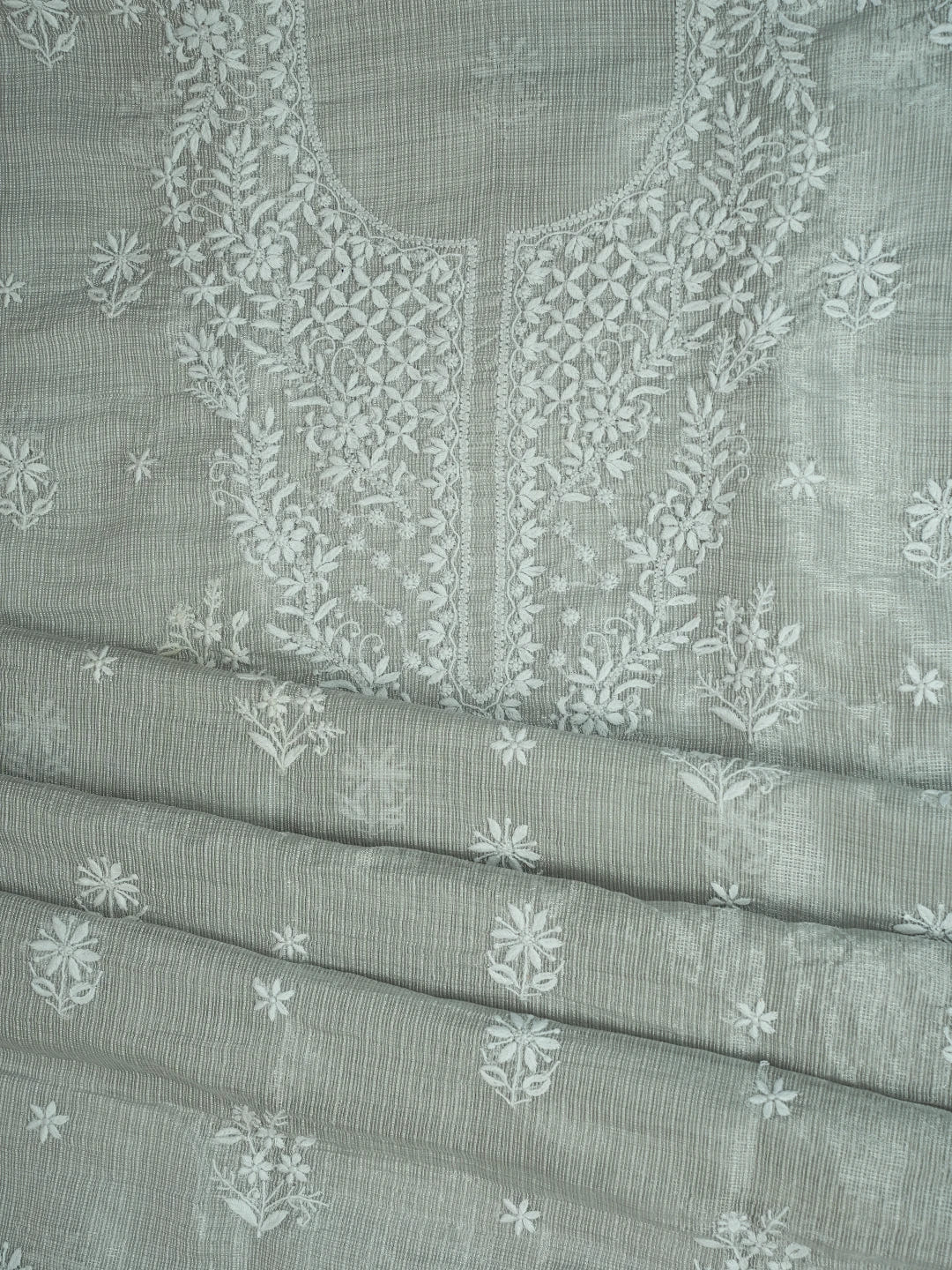 Ada Hand Embroidered French Grey Tissue Lucknowi Chikankari Unstitched Kurta Dupatta Set With Zari Work 01A726729