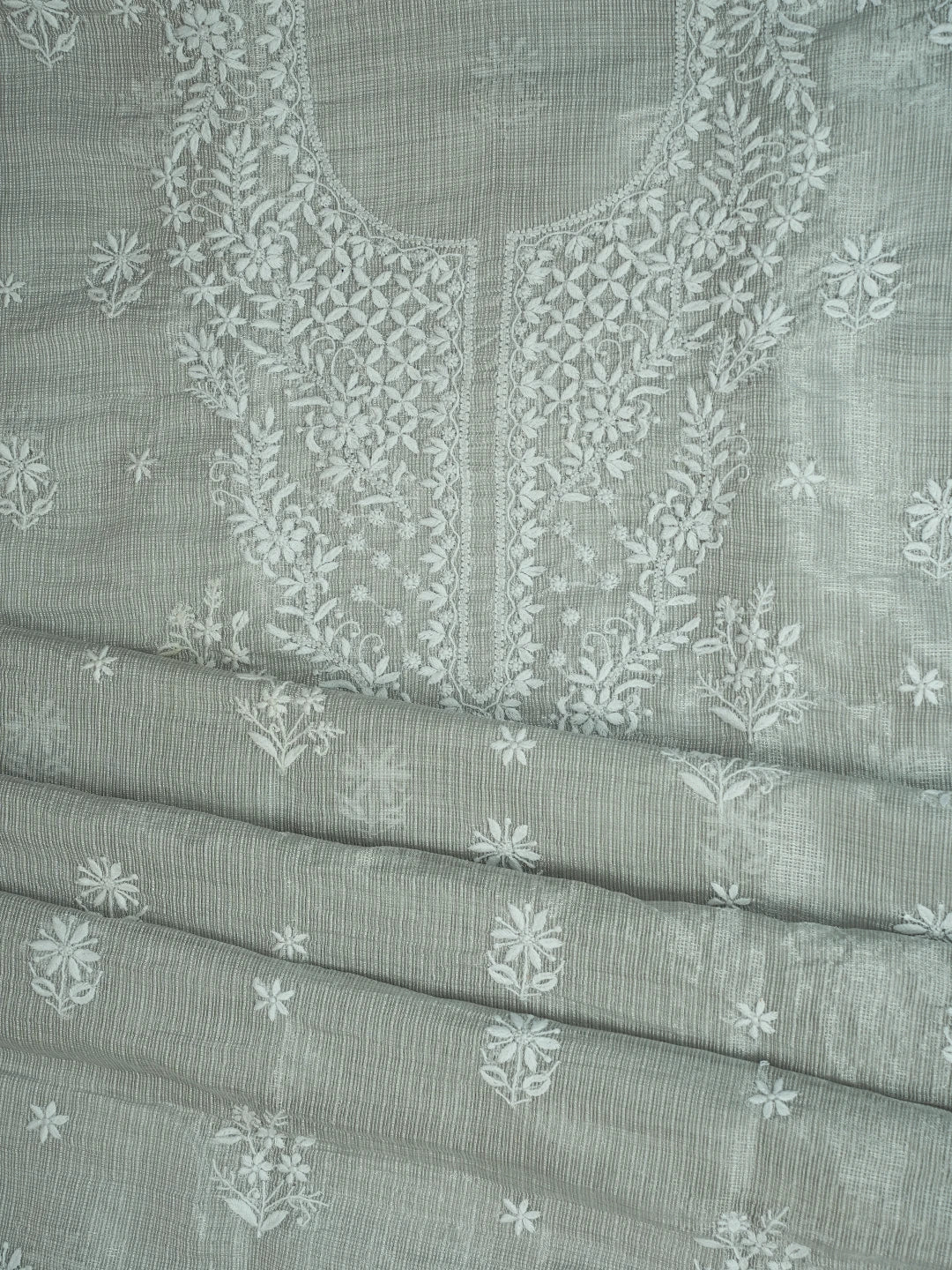 Ada Hand Embroidered French Grey Tissue Lucknowi Chikankari Unstitched Kurta Dupatta Set With Zari Work 01A726729