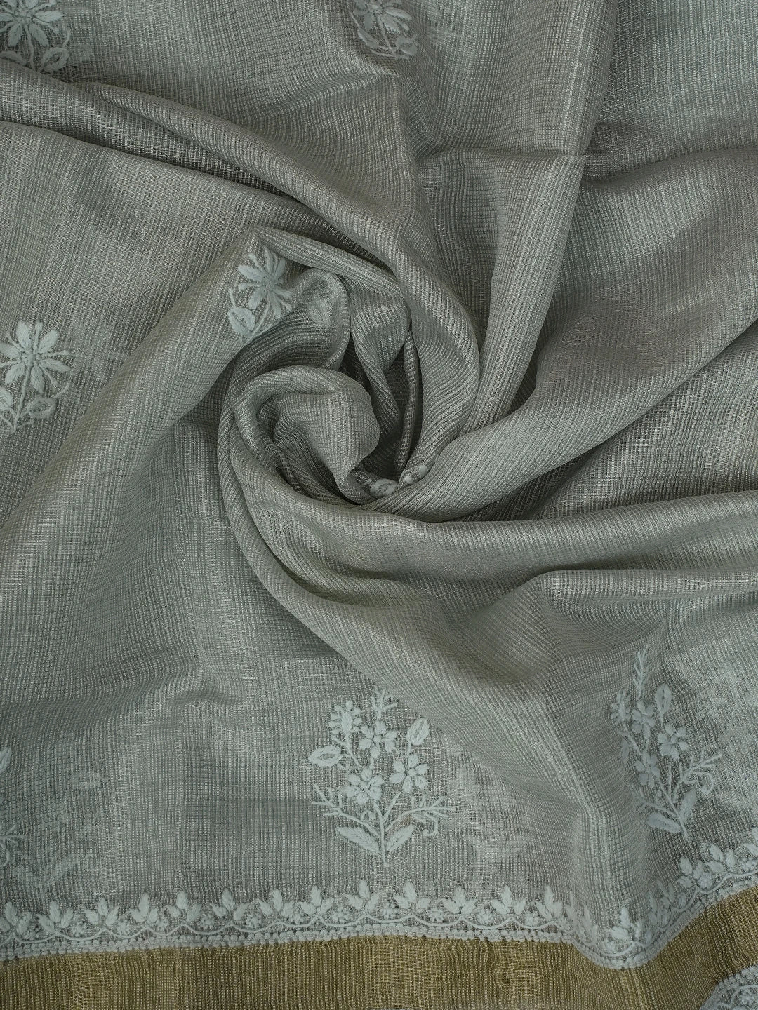 Ada Hand Embroidered French Grey Tissue Lucknowi Chikankari Unstitched Kurta Dupatta Set With Zari Work 01A726729