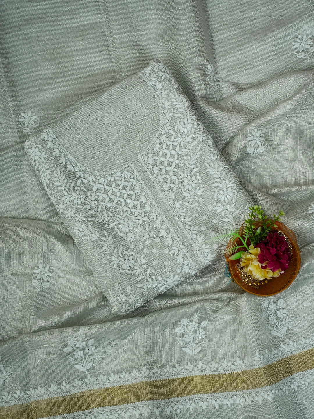 Ada Hand Embroidered French Grey Tissue Lucknowi Chikankari Unstitched Kurta Dupatta Set With Zari Work 01A726729