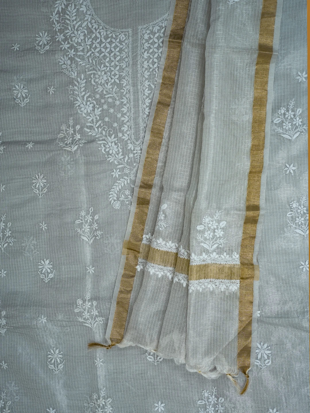 Ada Hand Embroidered French Grey Tissue Lucknowi Chikankari Unstitched Kurta Dupatta Set With Zari Work 01A726729