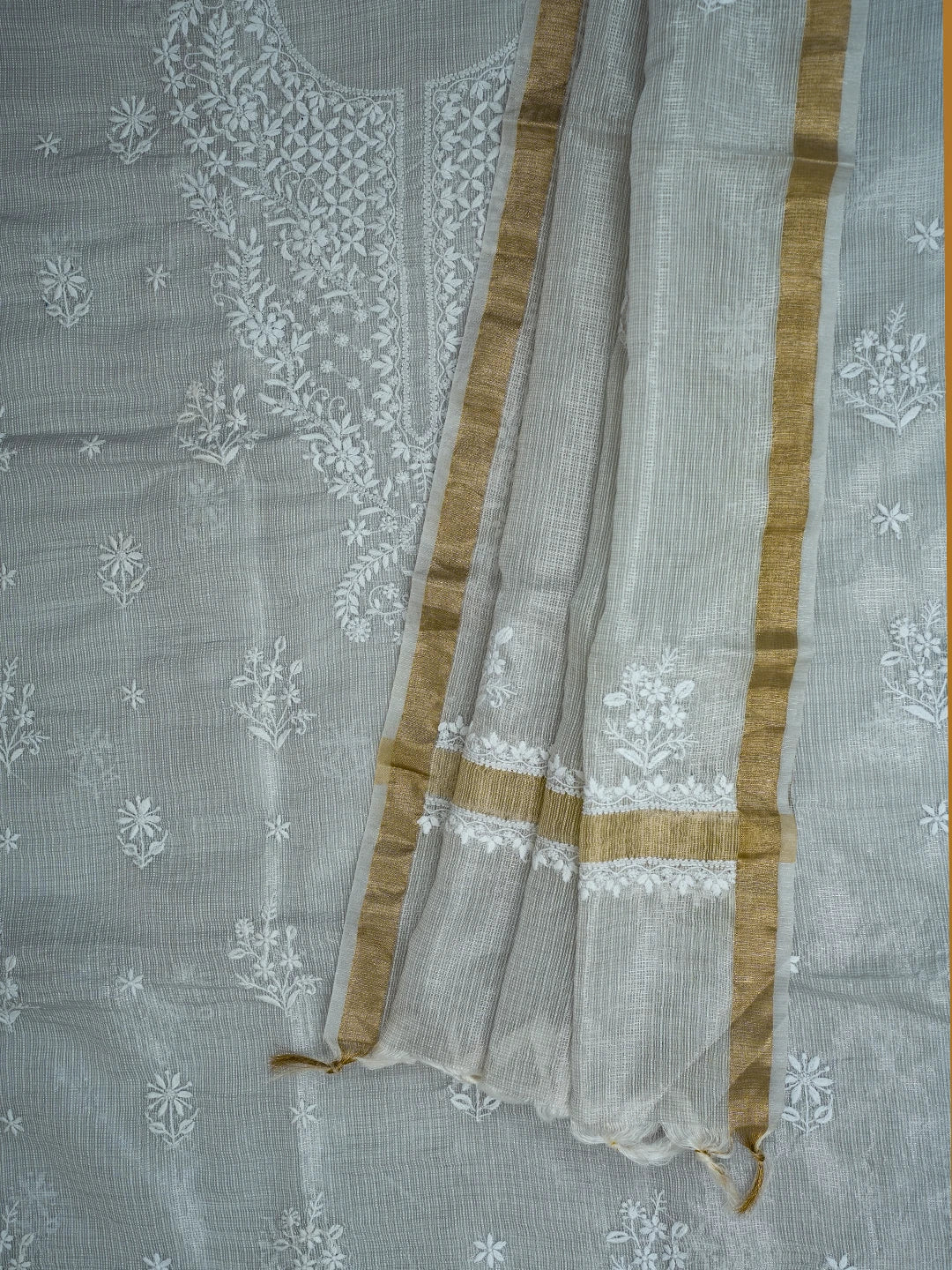 Ada Hand Embroidered French Grey Tissue Lucknowi Chikankari Unstitched Kurta Dupatta Set With Zari Work 01A726729