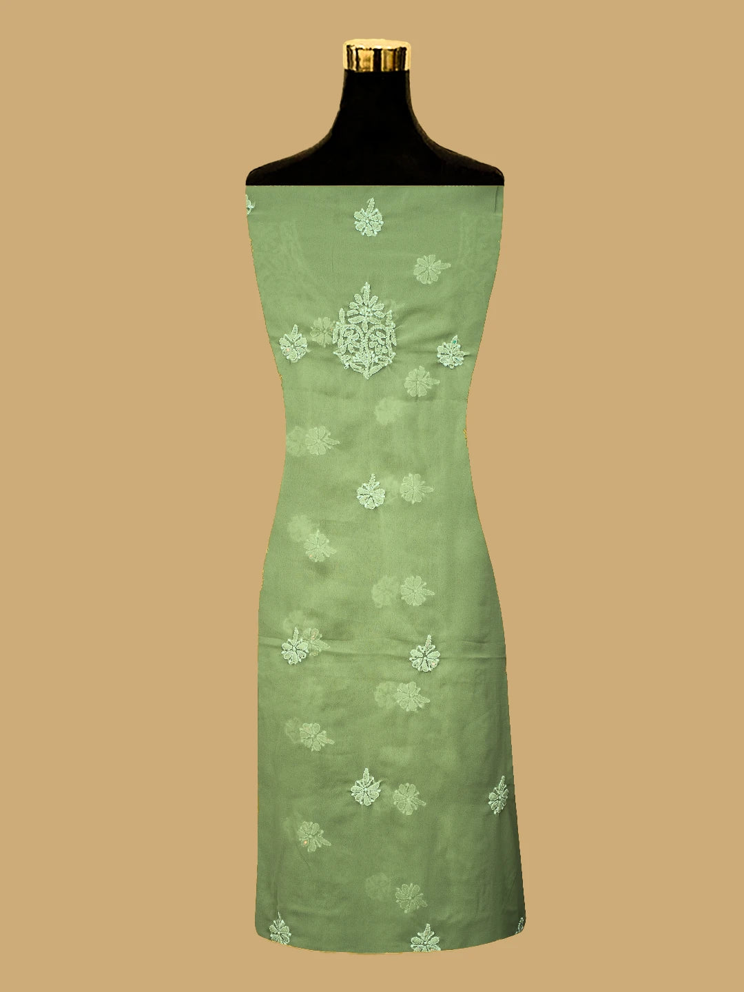 Ada Hand Embroidered Olive Green Georgette Lucknowi Chikankari Unstitched Suit Piece With Cutdana Work 01A696563