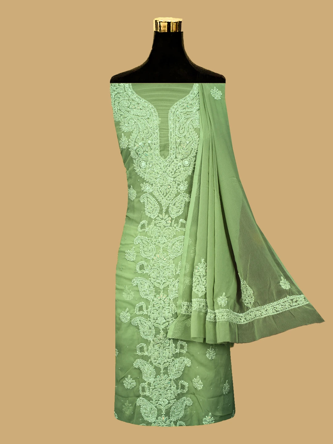 Ada Hand Embroidered Olive Green Georgette Lucknowi Chikankari Unstitched Suit Piece With Cutdana Work 01A696563