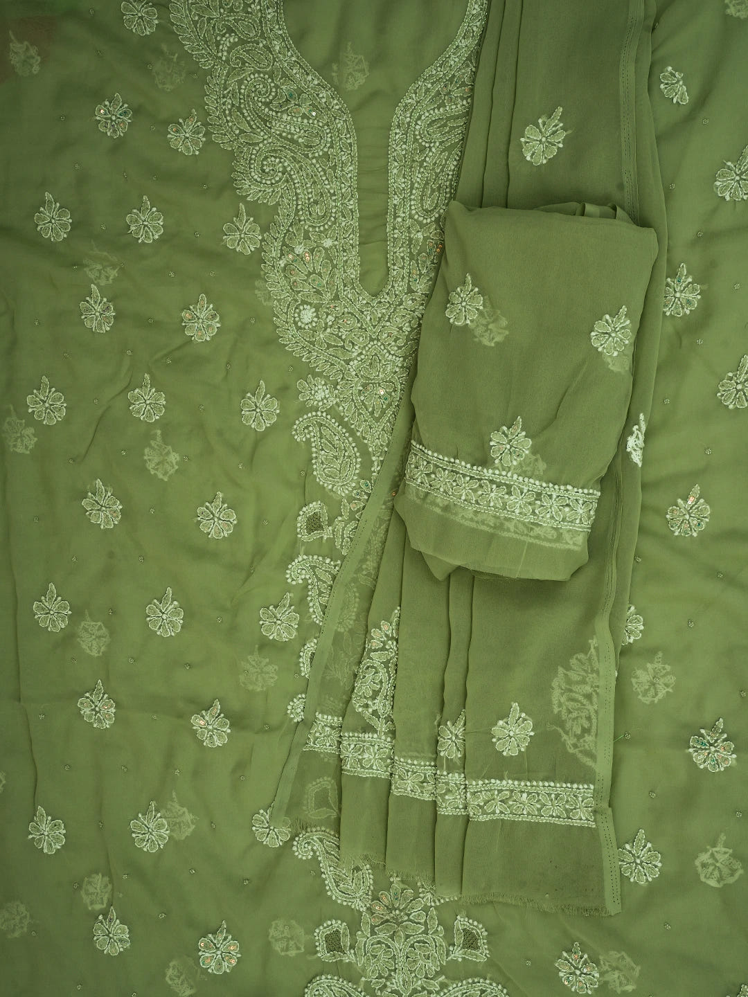Ada Hand Embroidered Olive Green Georgette Lucknowi Chikankari Unstitched Suit Piece With Cutdana Work 01A696563
