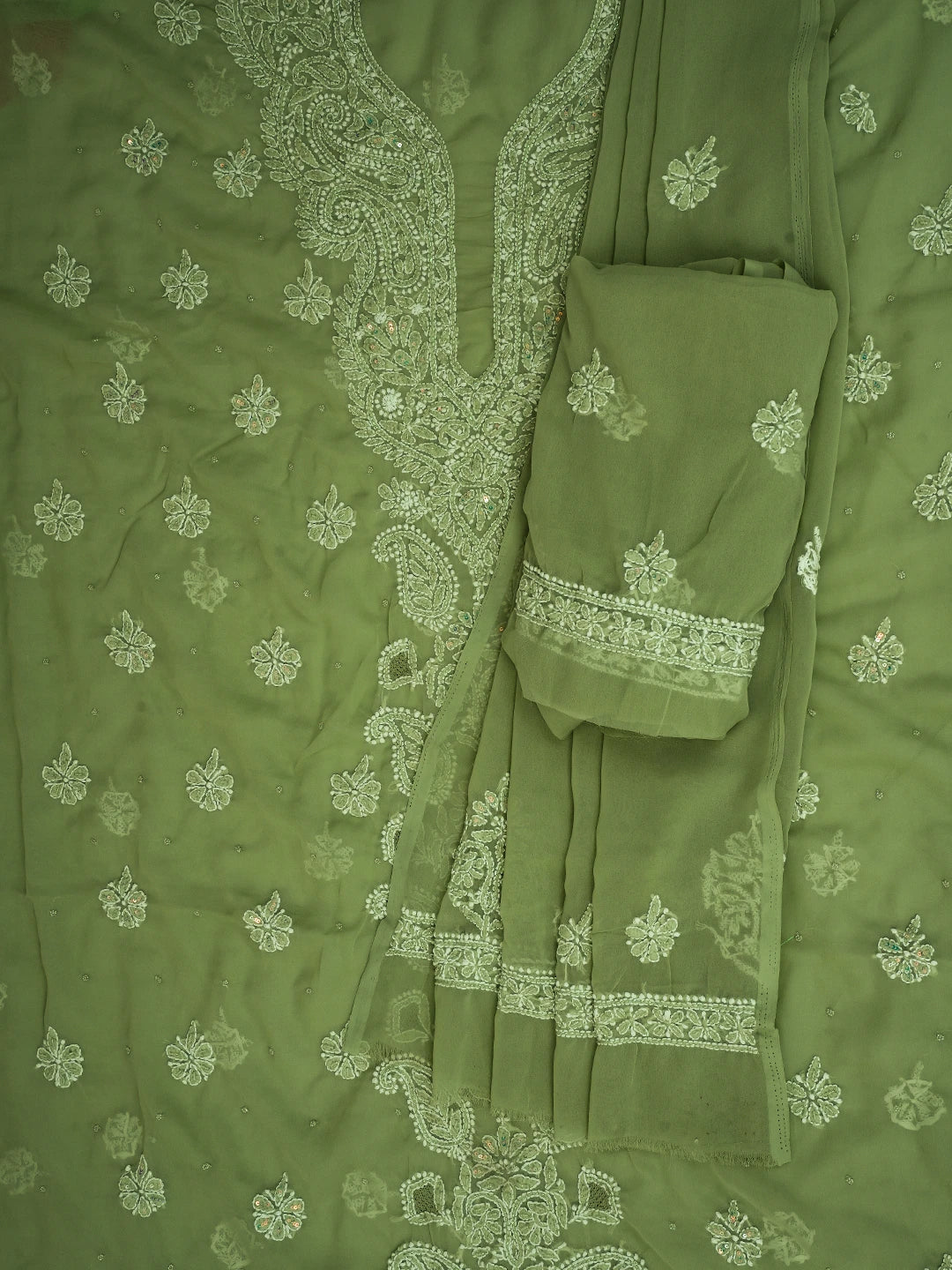 Ada Hand Embroidered Olive Green Georgette Lucknowi Chikankari Unstitched Suit Piece With Cutdana Work 01A696563
