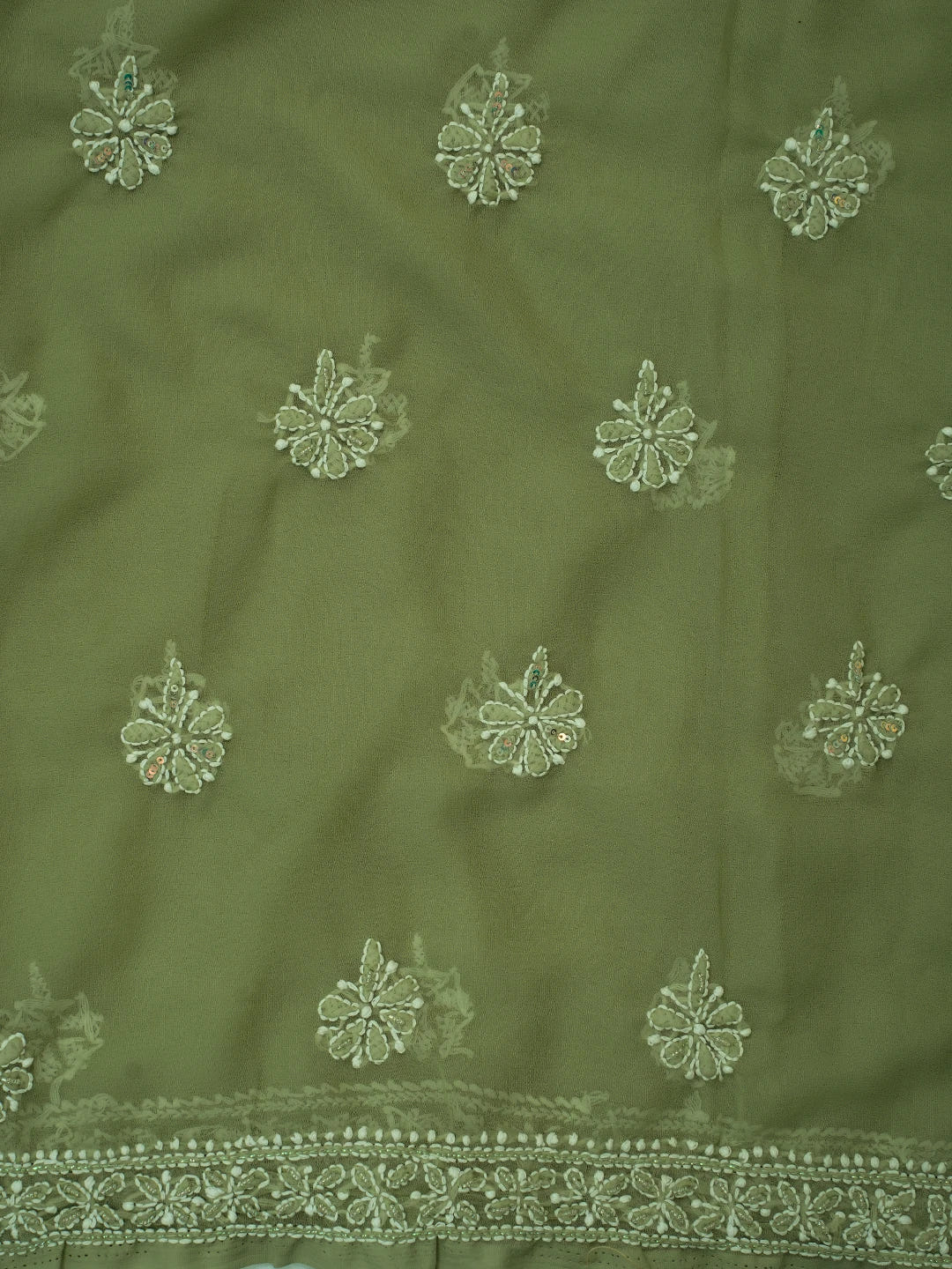 Ada Hand Embroidered Olive Green Georgette Lucknowi Chikankari Unstitched Suit Piece With Cutdana Work 01A696563