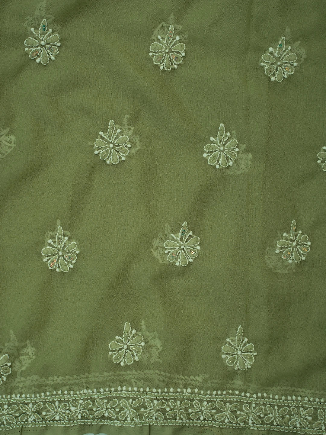 Ada Hand Embroidered Olive Green Georgette Lucknowi Chikankari Unstitched Suit Piece With Cutdana Work 01A696563