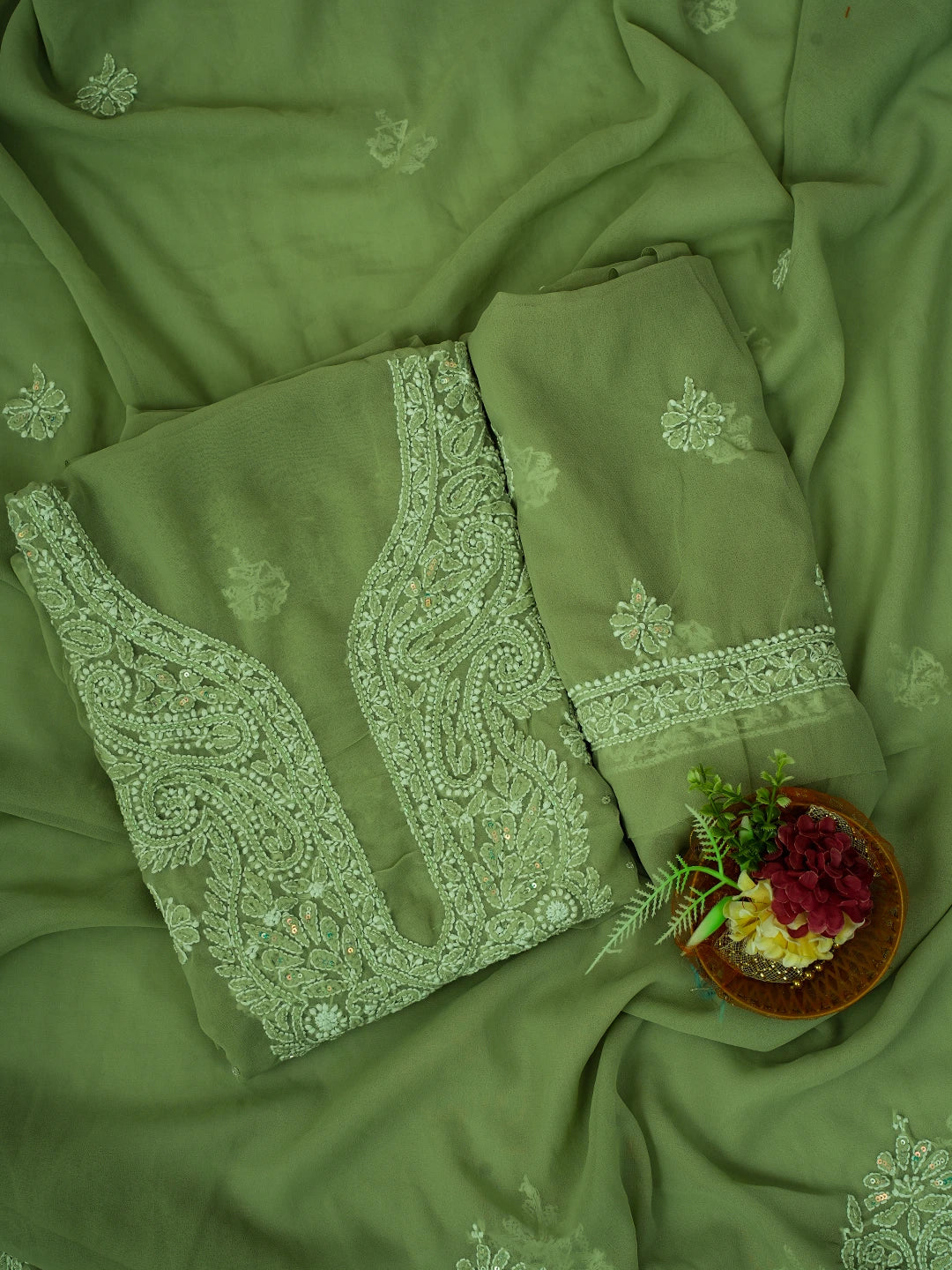 Ada Hand Embroidered Olive Green Georgette Lucknowi Chikankari Unstitched Suit Piece With Cutdana Work 01A696563