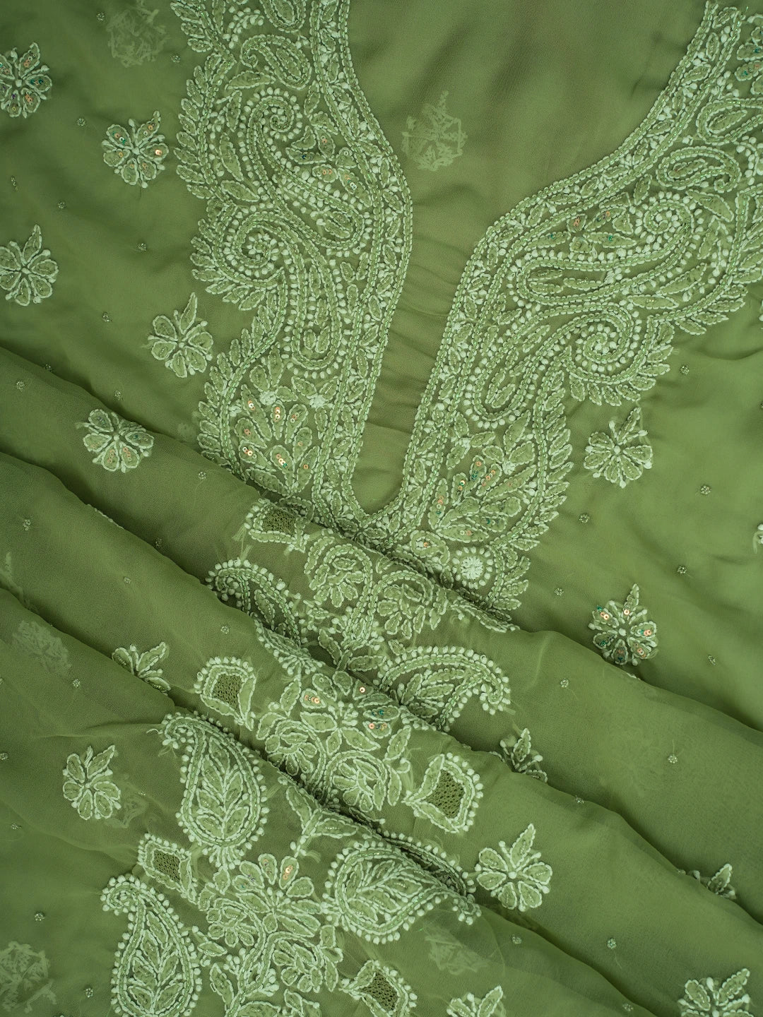 Ada Hand Embroidered Olive Green Georgette Lucknowi Chikankari Unstitched Suit Piece With Cutdana Work 01A696563