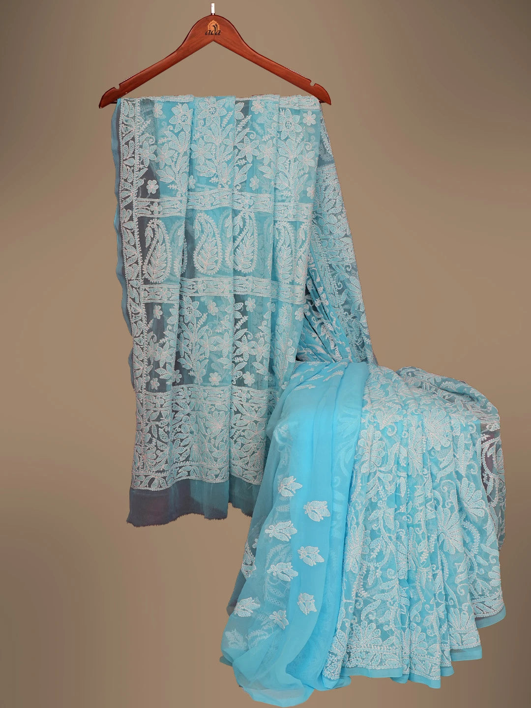 Ada Hand Embroidered Blue Georgette Lucknowi Chikankari Saree With Blouse 01A725495