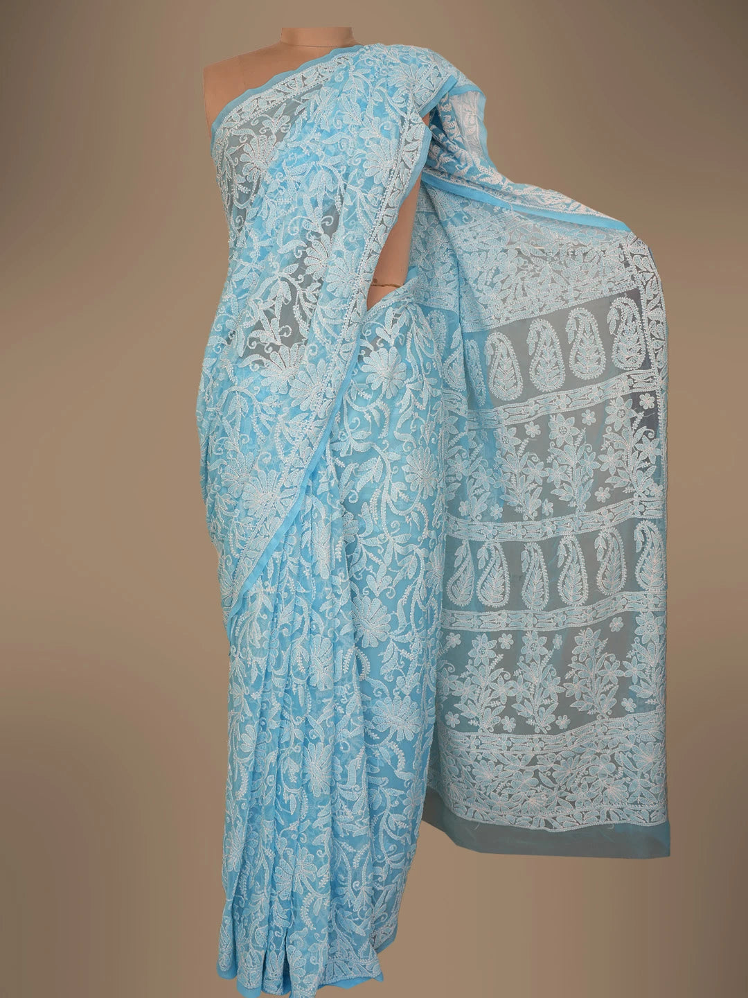 Ada Hand Embroidered Blue Georgette Lucknowi Chikankari Saree With Blouse 01A725495