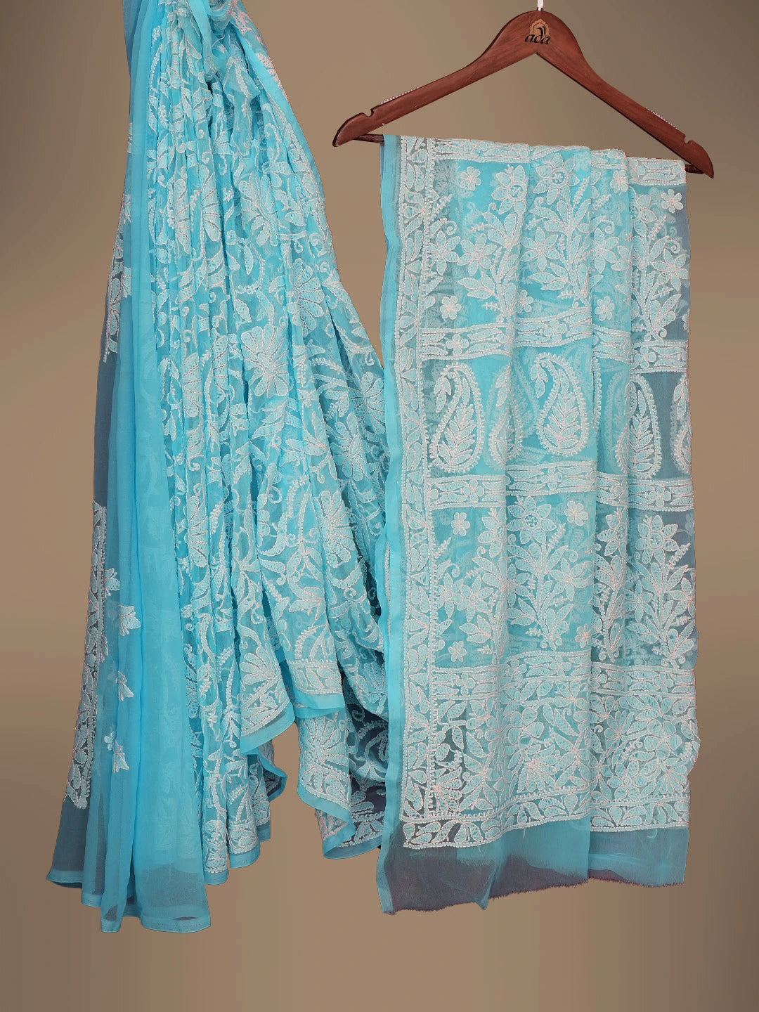 Ada Hand Embroidered Blue Georgette Lucknowi Chikankari Saree With Blouse 01A725495