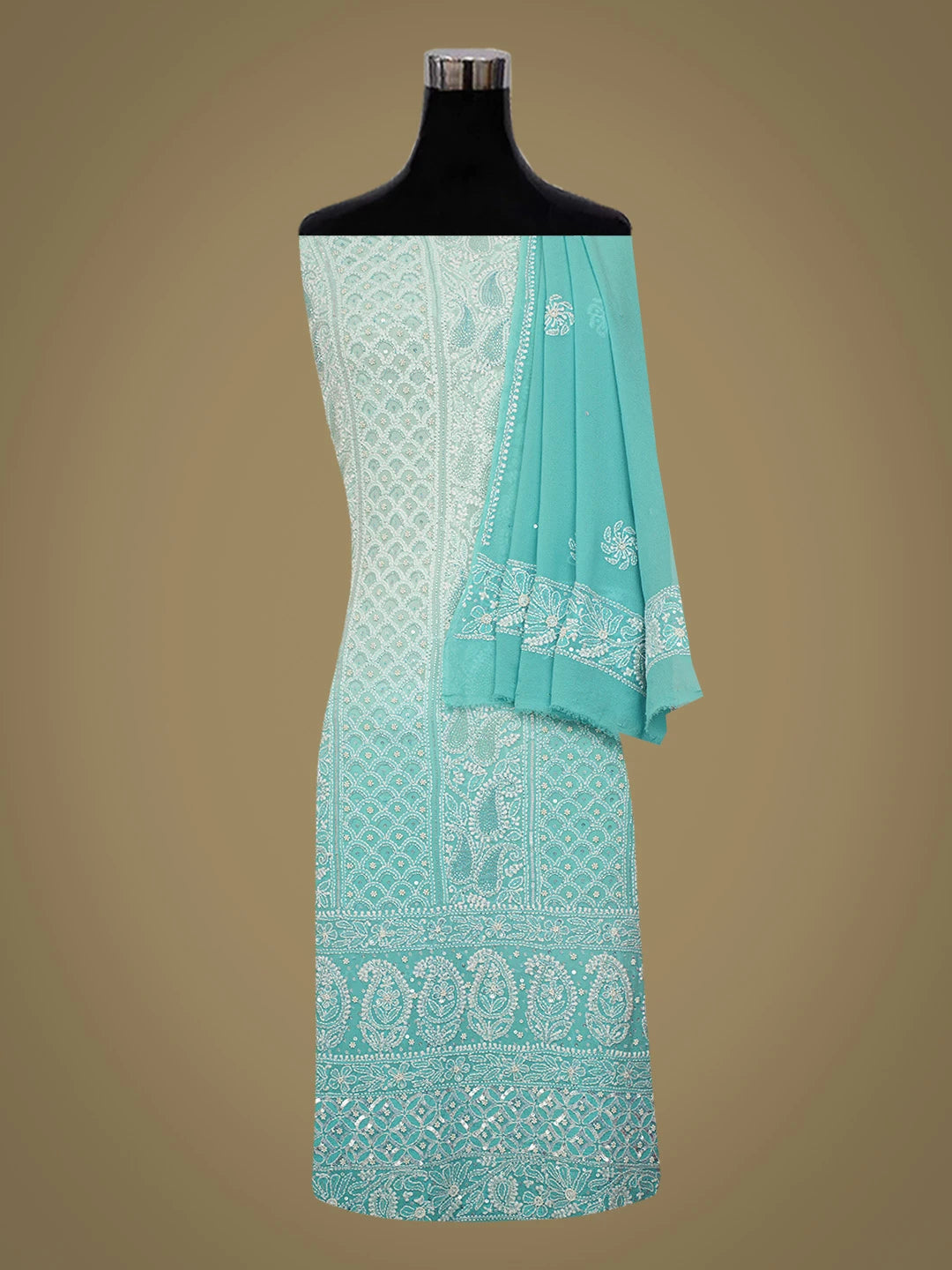 Ada Hand Embroidered Blue Pure Georgette Lucknowi Chikankari Unstitched Kurta Dupatta Set With Cutdana Work 01A364440