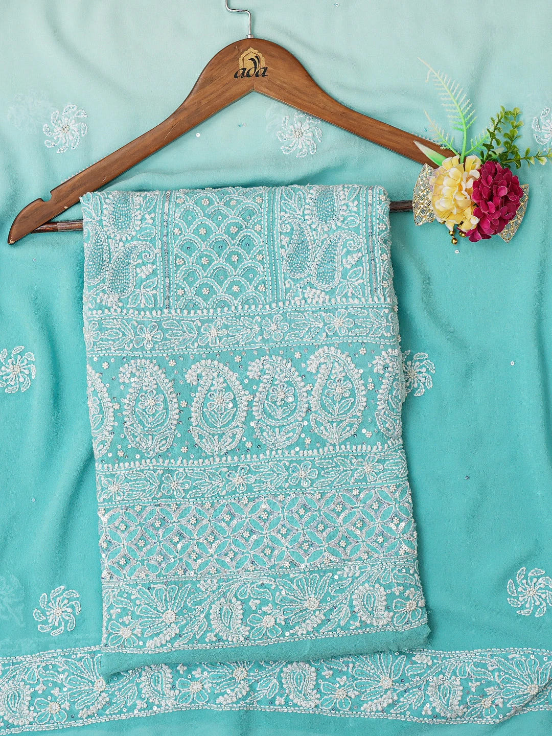 Ada Hand Embroidered Blue Pure Georgette Lucknowi Chikankari Unstitched Kurta Dupatta Set With Cutdana Work 01A364440