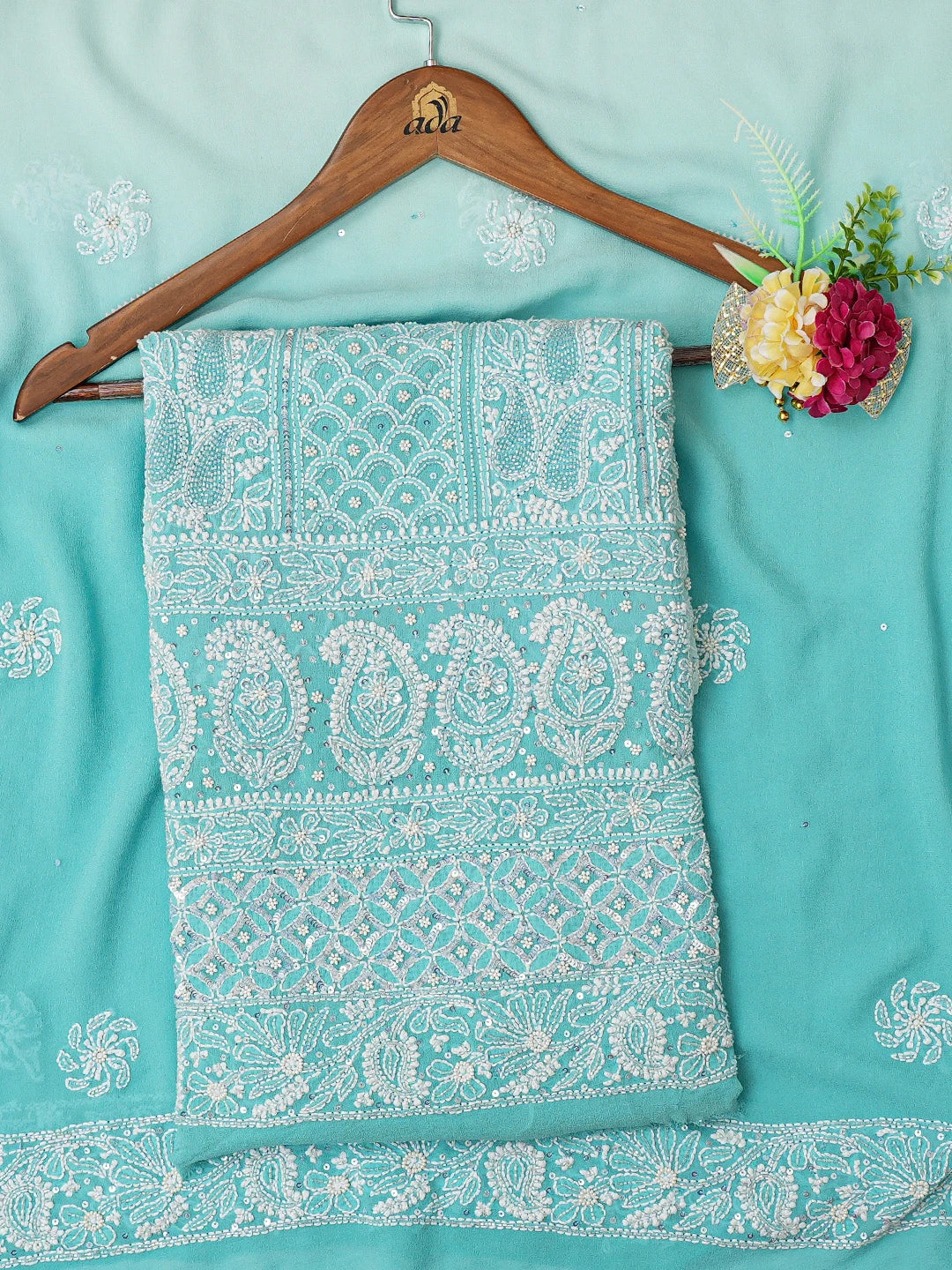 Ada Hand Embroidered Blue Pure Georgette Lucknowi Chikankari Unstitched Kurta Dupatta Set With Cutdana Work 01A364440