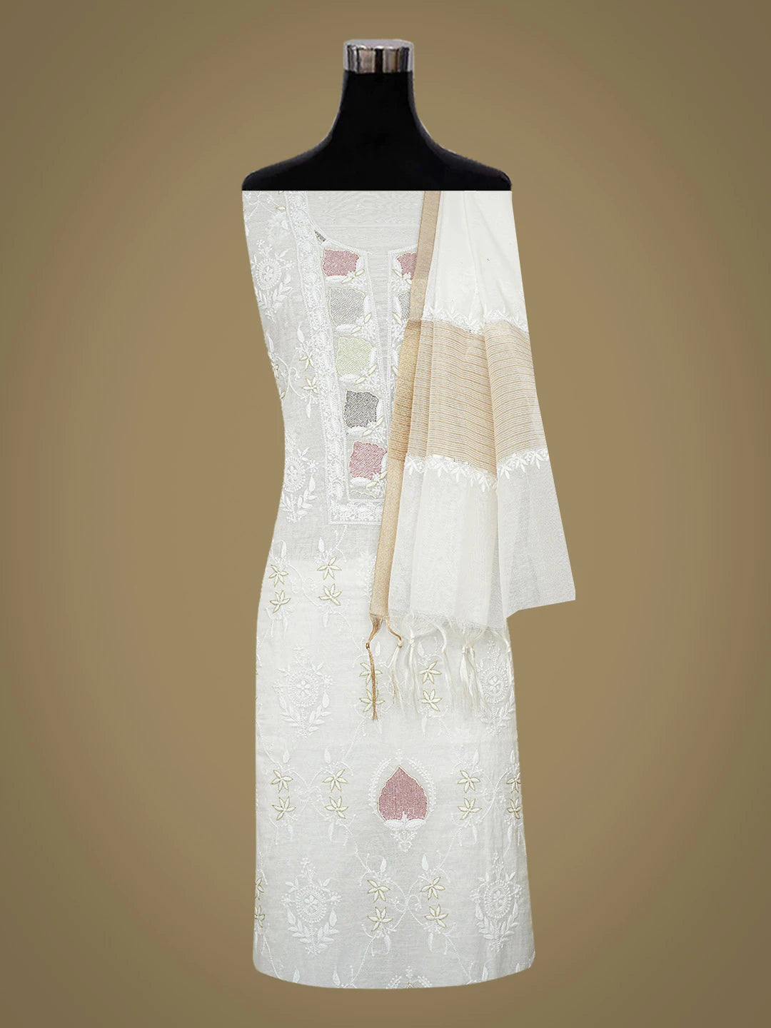 Ada Hand Embroidered White Chanderi Lucknowi Chikankari Unstitched Kurta Dupatta Set With Cutdana Work 01A721000