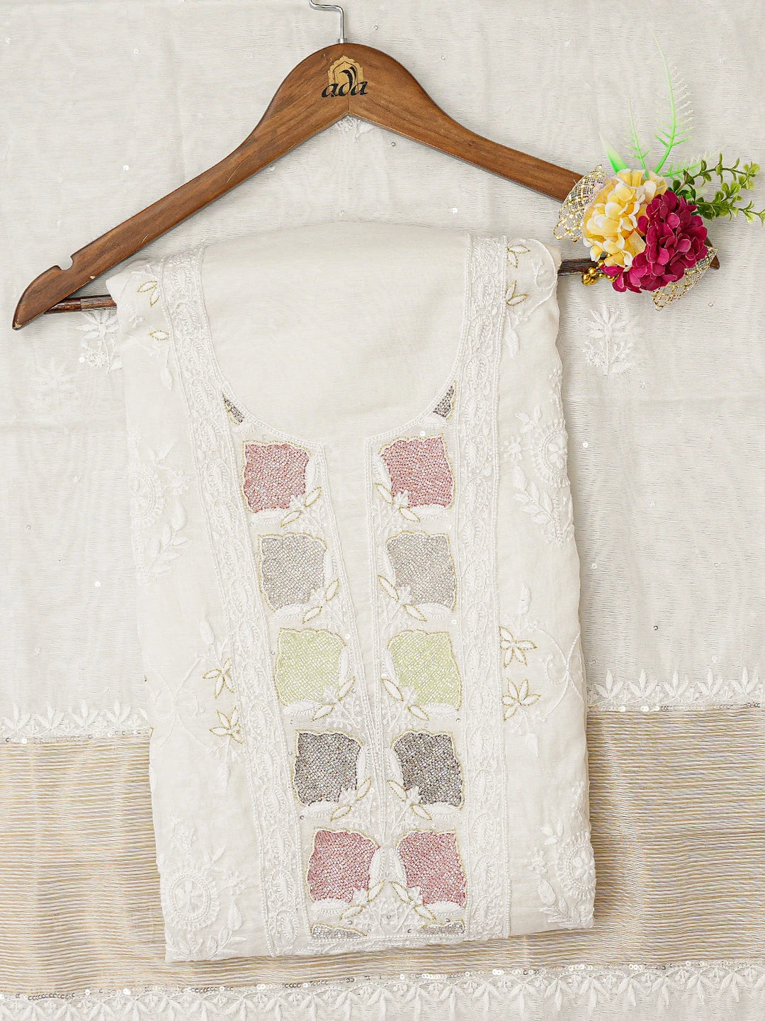 Ada Hand Embroidered White Chanderi Lucknowi Chikankari Unstitched Kurta Dupatta Set With Cutdana Work 01A721000