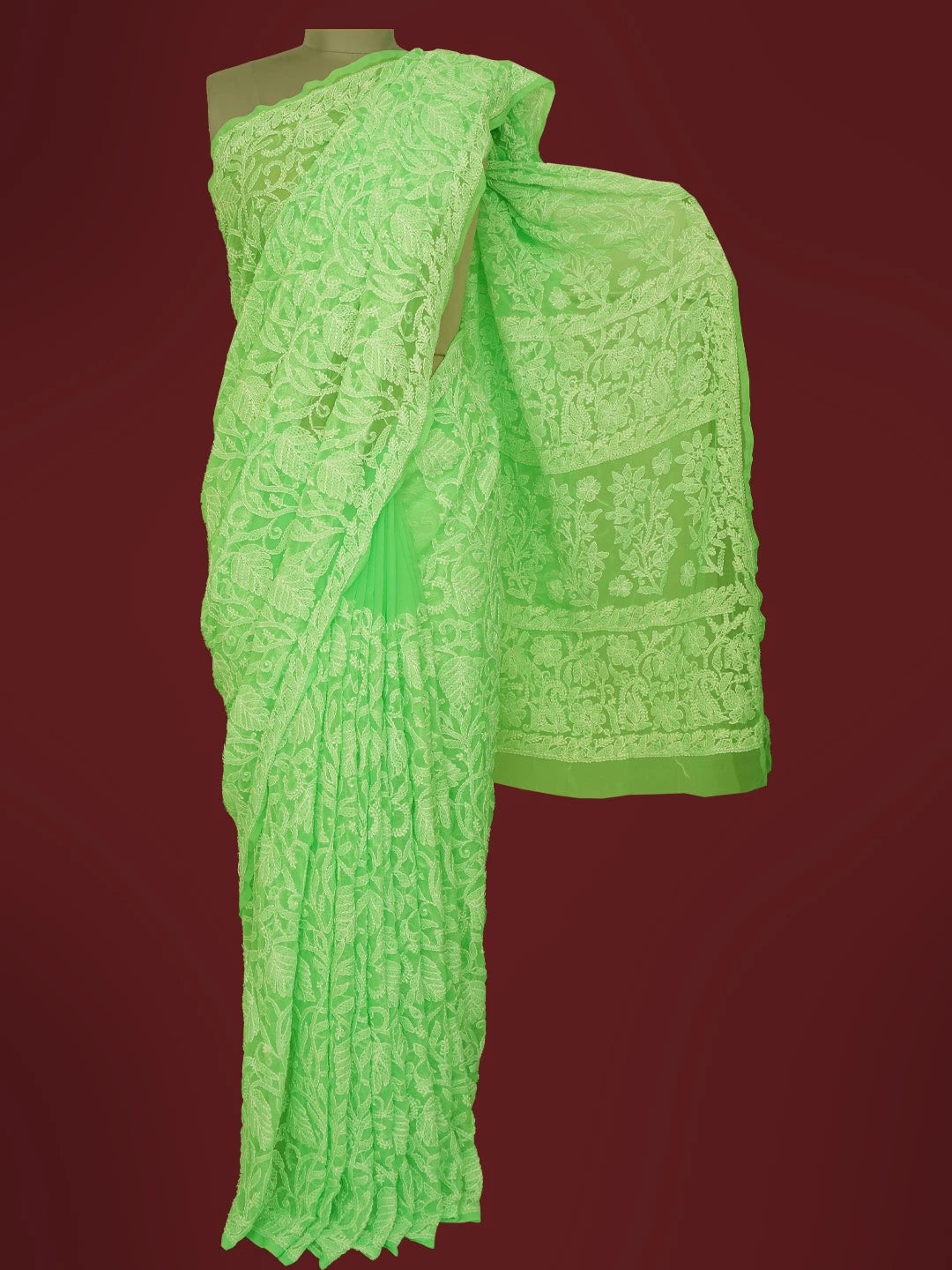 Ada Hand Embroidered Screamin' Green Georgette Lucknowi Chikankari Saree With Blouse 01A725511
