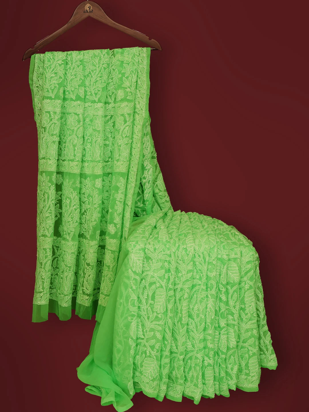 Ada Hand Embroidered Screamin' Green Georgette Lucknowi Chikankari Saree With Blouse 01A725511