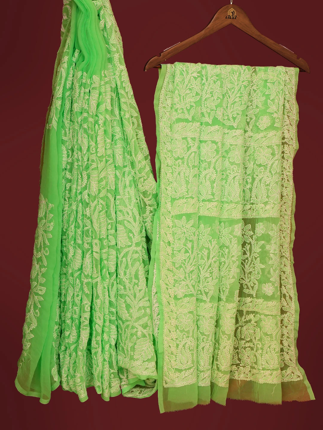 Ada Hand Embroidered Screamin' Green Georgette Lucknowi Chikankari Saree With Blouse 01A725511