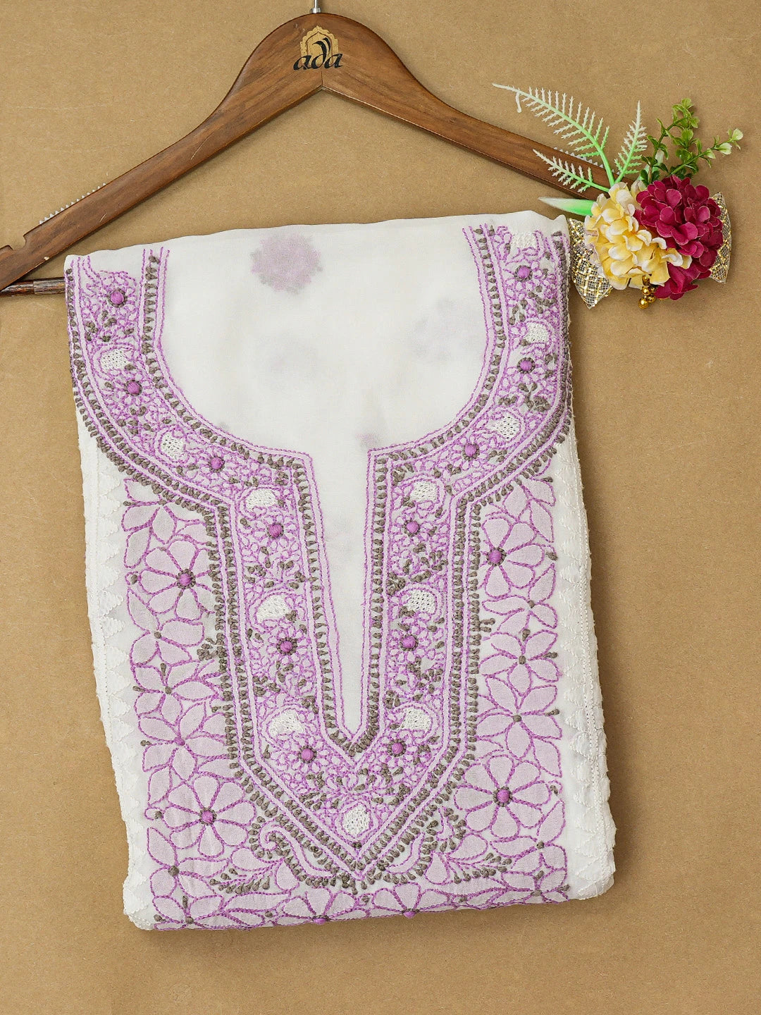 Ada Hand Embroidered White Viscose Georgette Lucknowi Chikankari Unstitched Kurta Piece 01A635388