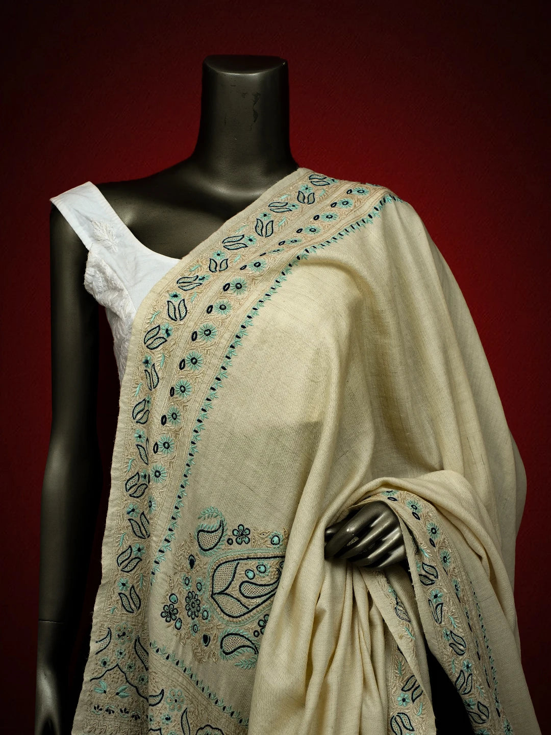 Ada Hand Embroidered Cream Pashmina Lucknowi Chikankari Do Taar Shawl 01A80328