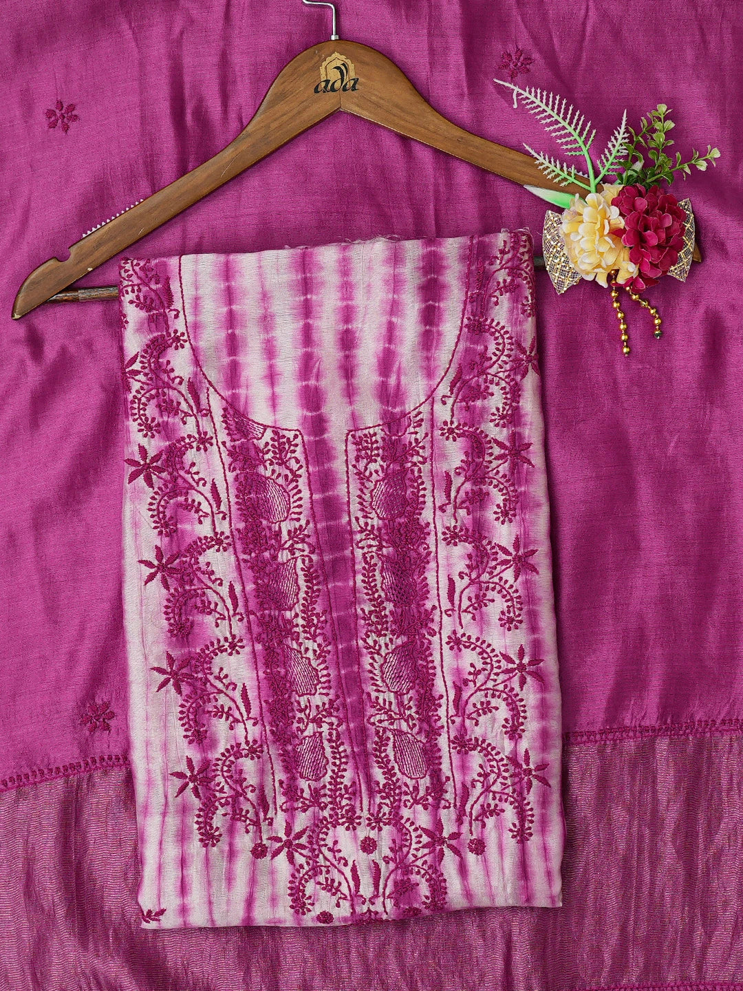 Ada Hand Embroidered Purple Silk Lucknowi Chikankari Unstitched Kurta Dupatta Set 01A665281