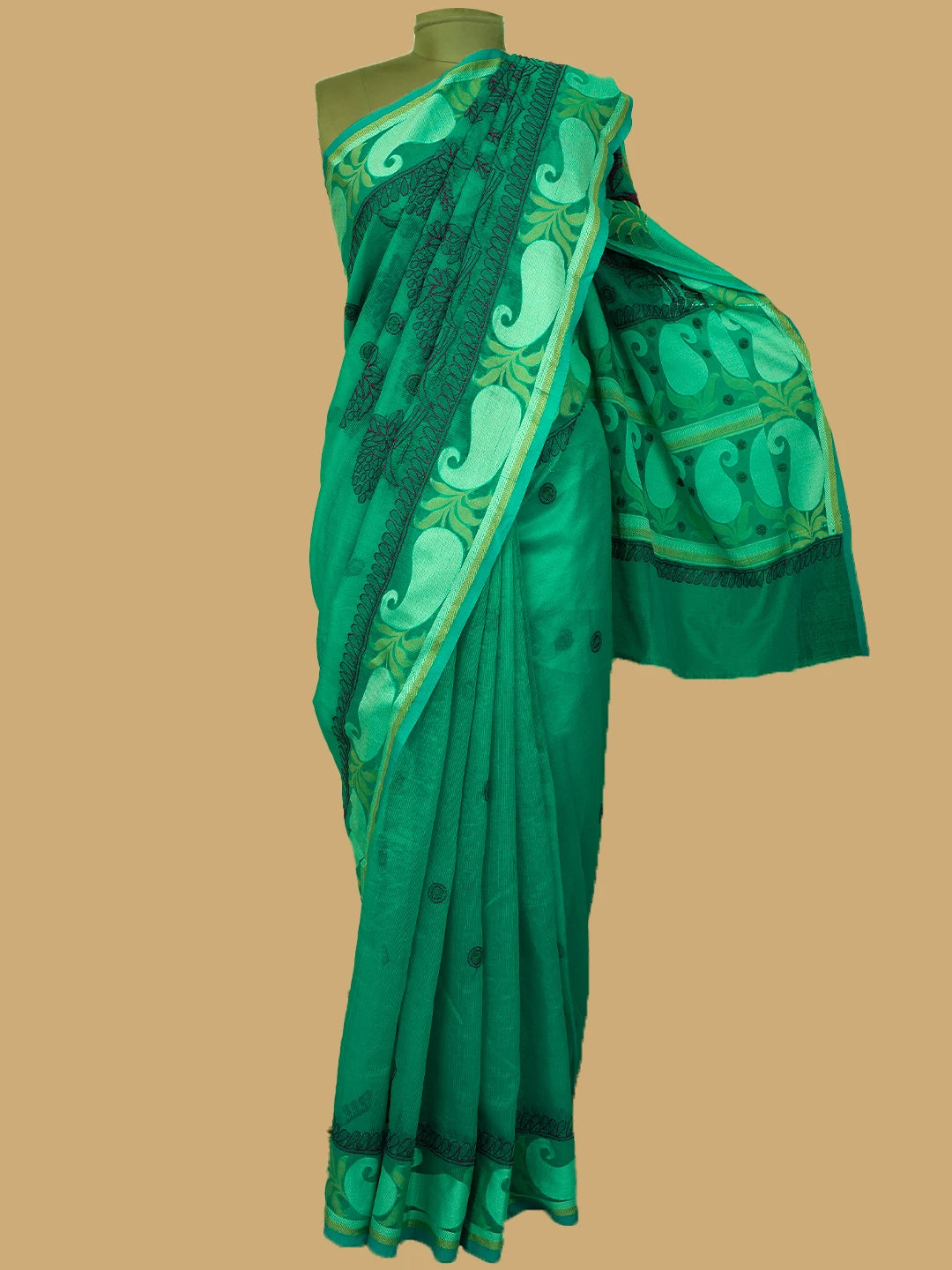 Ada Hand Embroidered Rama Green Chanderi Lucknowi Chikankari Saree and Blouse 01A680904