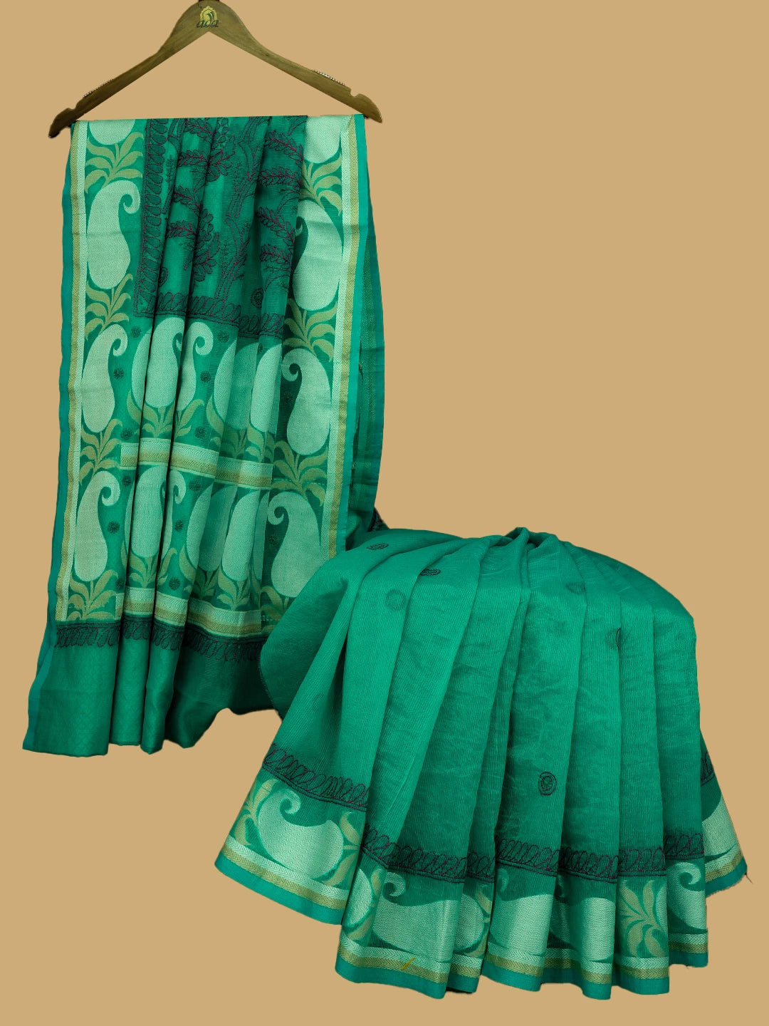 Ada Hand Embroidered Rama Green Chanderi Lucknowi Chikankari Saree and Blouse 01A680904