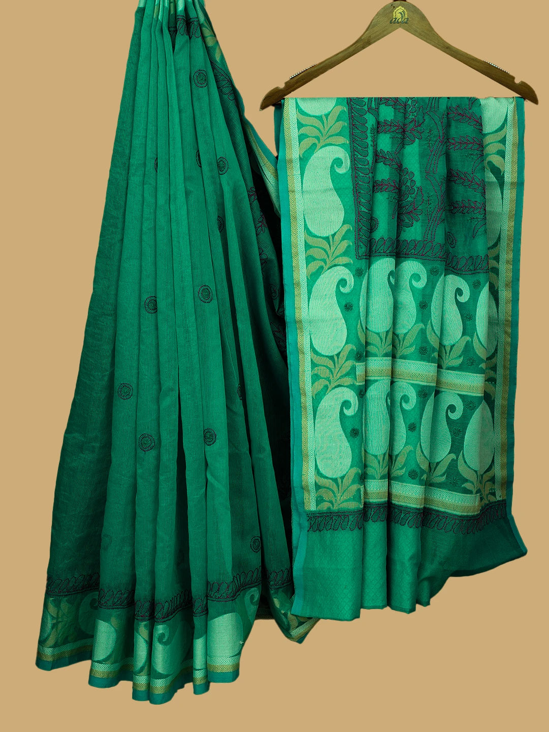 Ada Hand Embroidered Rama Green Chanderi Lucknowi Chikankari Saree and Blouse 01A680904