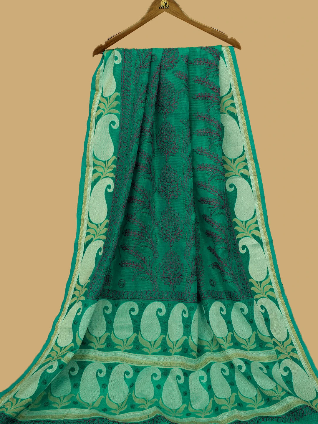 Ada Hand Embroidered Rama Green Chanderi Lucknowi Chikankari Saree and Blouse 01A680904