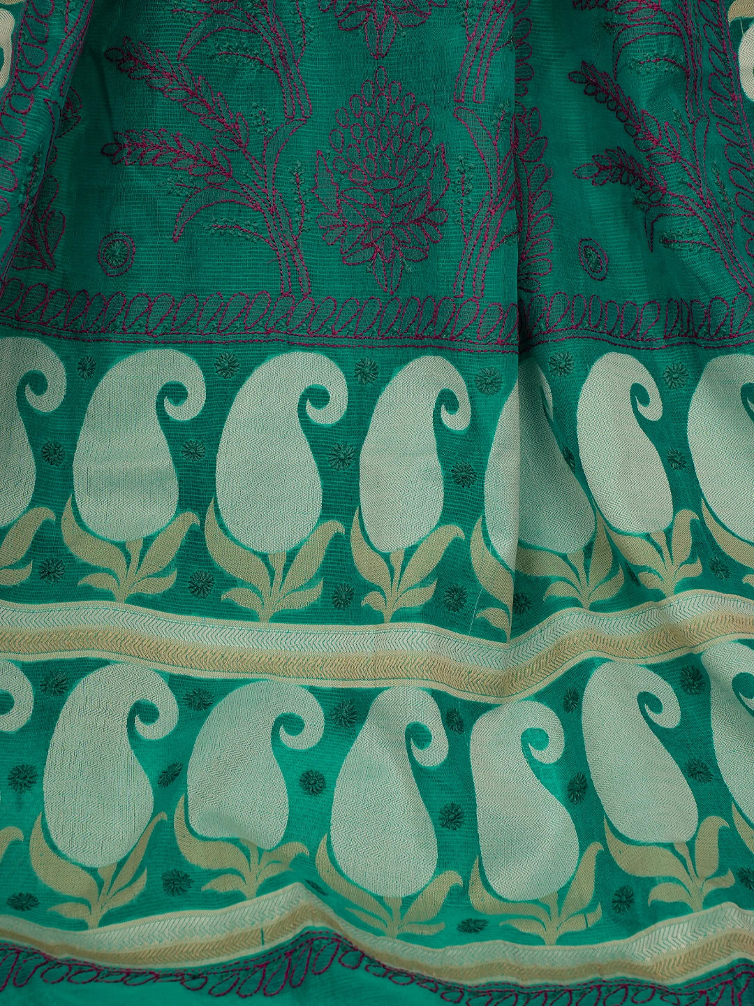 Ada Hand Embroidered Rama Green Chanderi Lucknowi Chikankari Saree and Blouse 01A680904