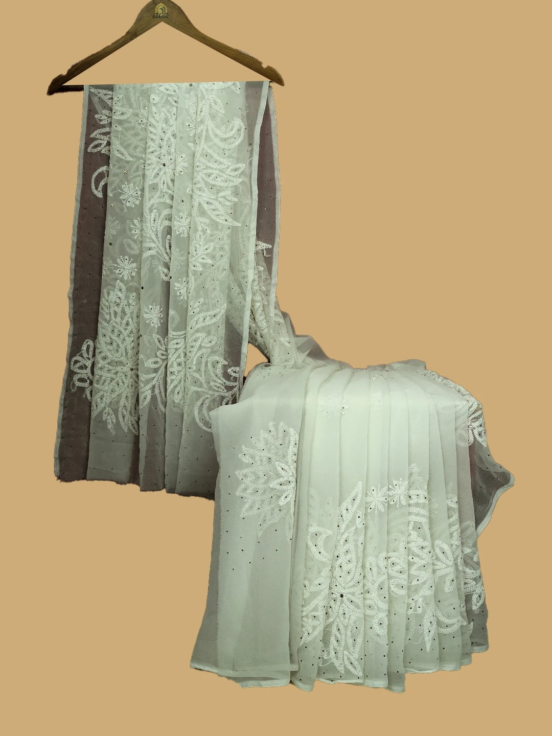 Ada Hand Embroidered Ivory White Georgette Lucknowi Chikankari Saree and Blouse With Mukaish Work 01A457872