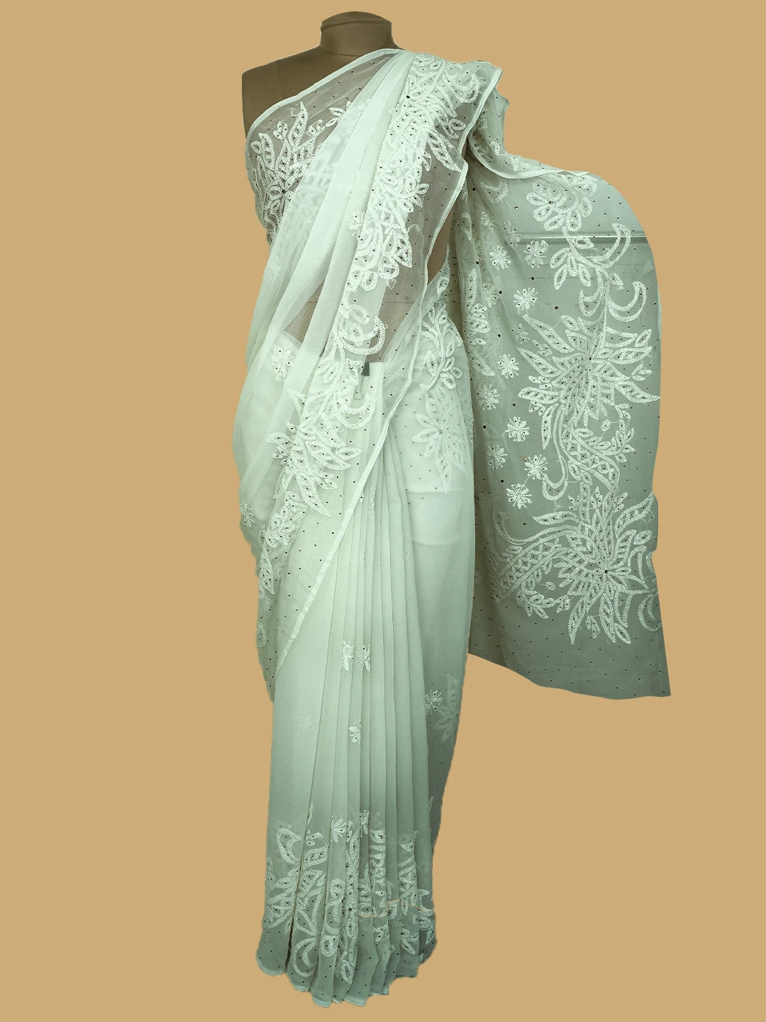 Ada Hand Embroidered Ivory White Georgette Lucknowi Chikankari Saree and Blouse With Mukaish Work 01A457872