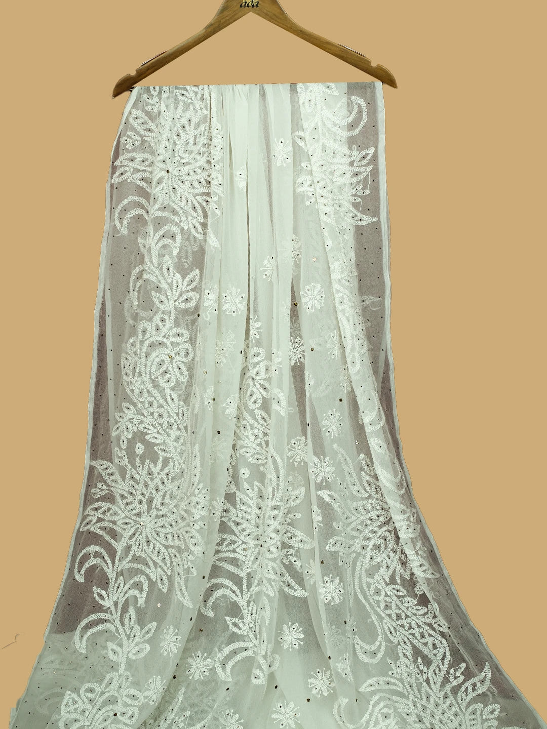 Ada Hand Embroidered Ivory White Georgette Lucknowi Chikankari Saree and Blouse With Mukaish Work 01A457872