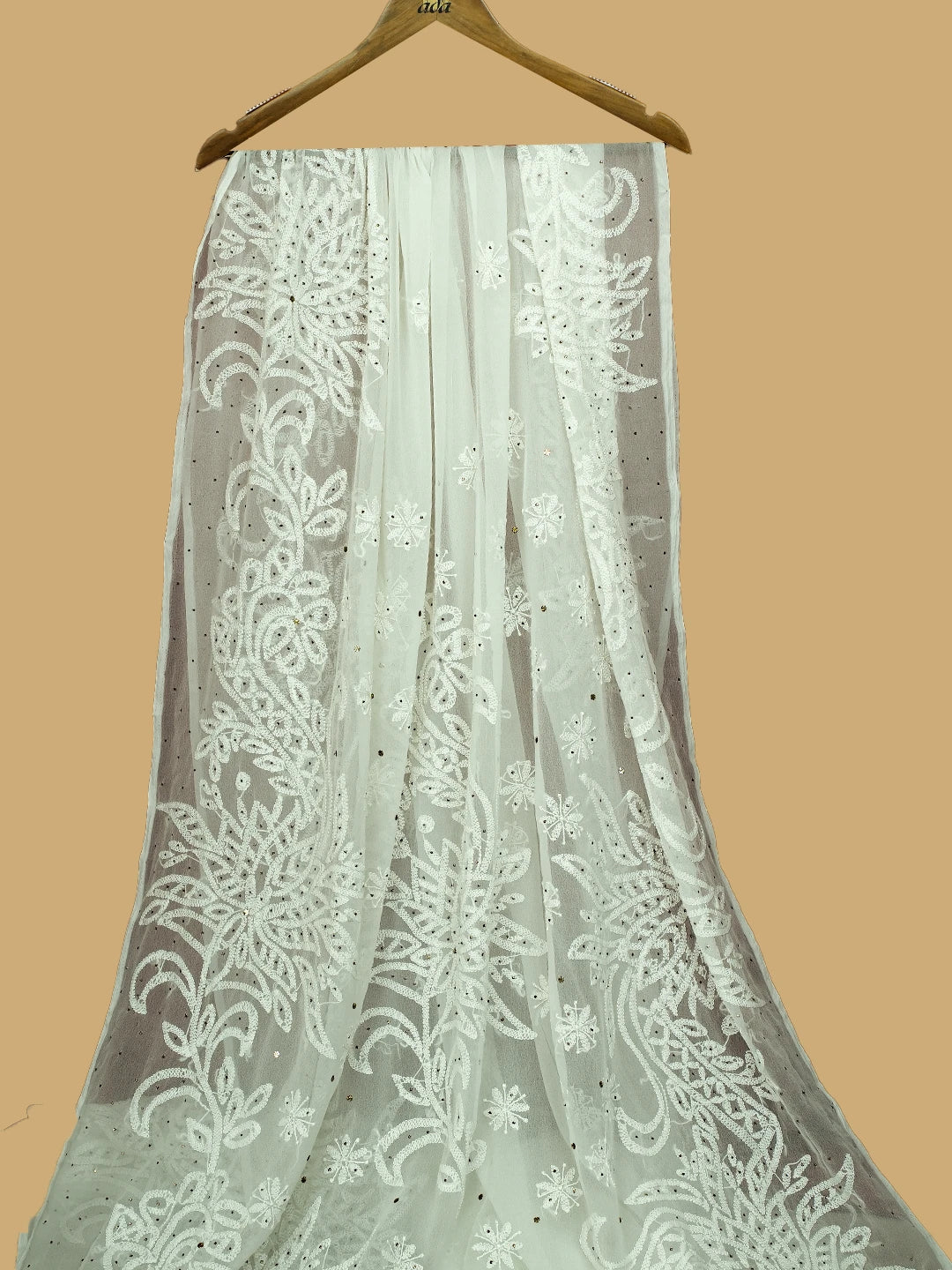 Ada Hand Embroidered Ivory White Georgette Lucknowi Chikankari Saree and Blouse With Mukaish Work 01A457872