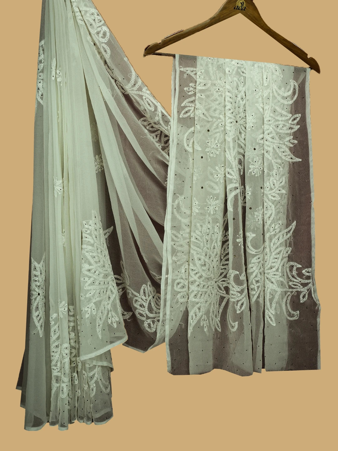 Ada Hand Embroidered Ivory White Georgette Lucknowi Chikankari Saree and Blouse With Mukaish Work 01A457872