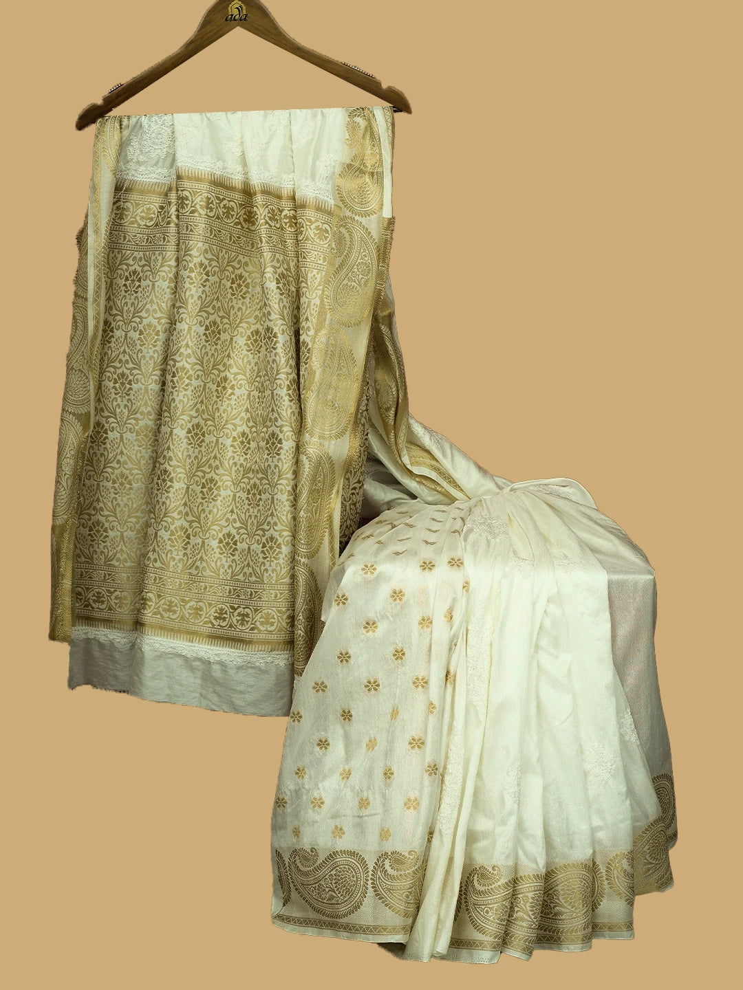 Ada Hand Embroidered White Chanderi Lucknowi Chikankari Saree and Blouse With Zari Work 01A723314