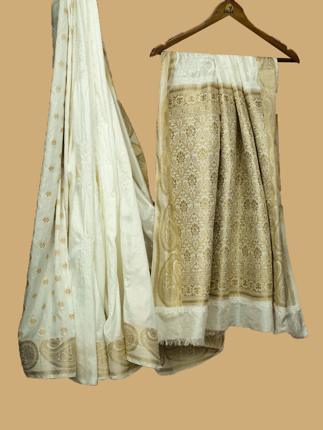 Ada Hand Embroidered White Chanderi Lucknowi Chikankari Saree and Blouse With Zari Work 01A723314