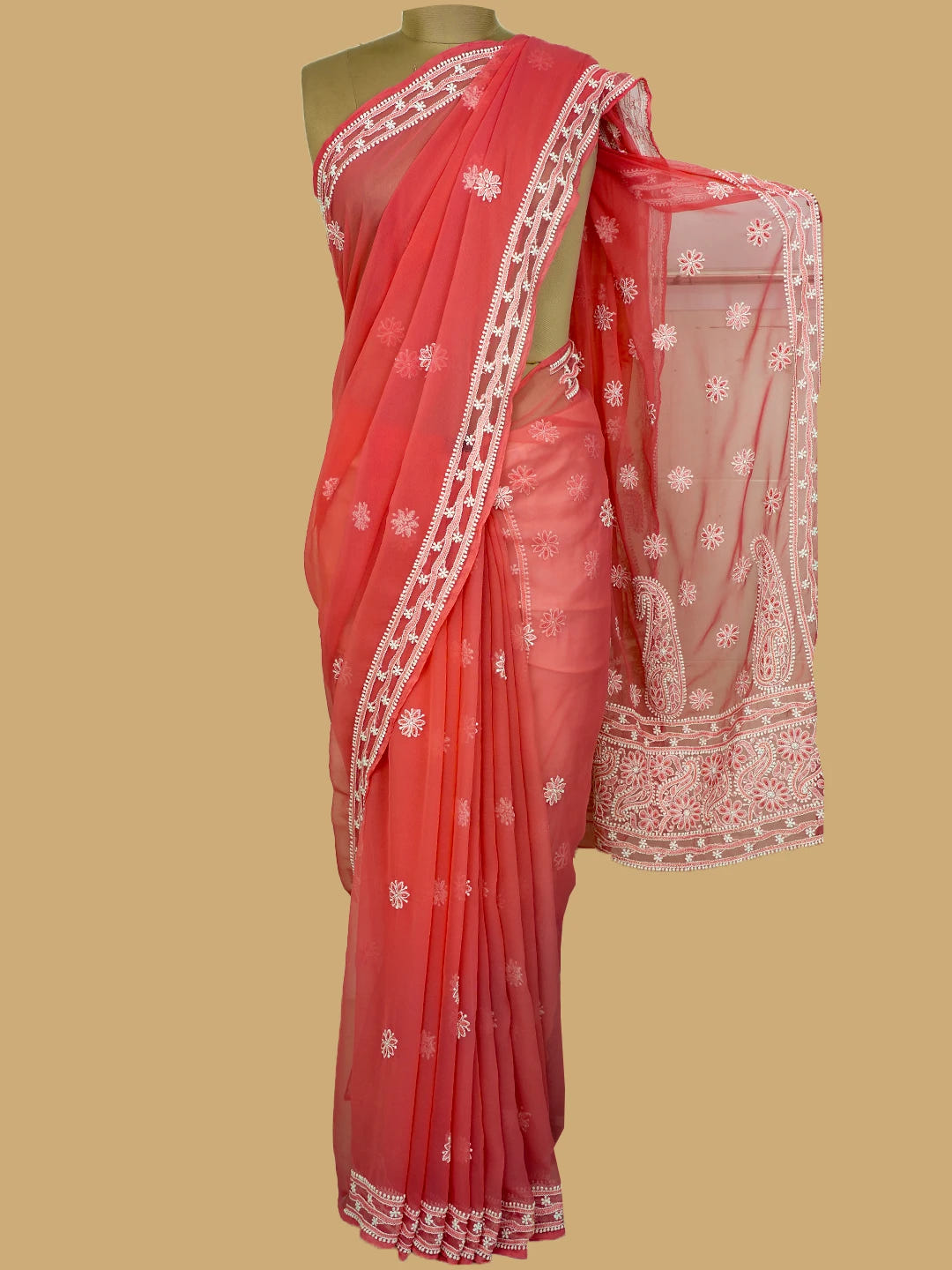 Ada Hand Embroidered Carrot Pink Georgette Lucknowi Chikankari Saree and Blouse With Zari Work 01A143927