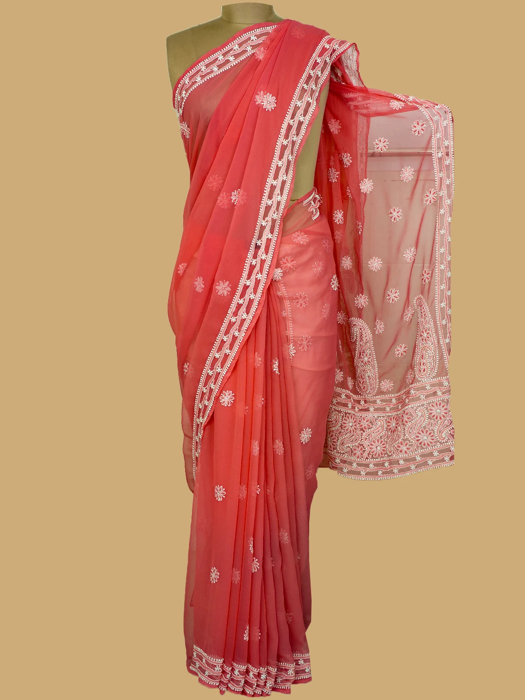 Ada Hand Embroidered Carrot Pink Georgette Lucknowi Chikankari Saree and Blouse With Zari Work 01A143927