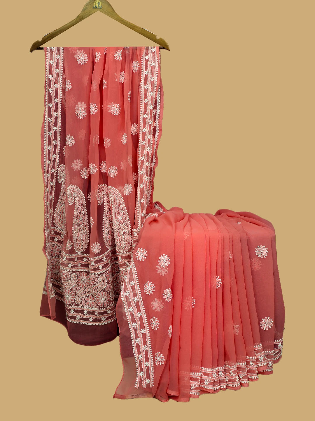 Ada Hand Embroidered Carrot Pink Georgette Lucknowi Chikankari Saree and Blouse With Zari Work 01A143927