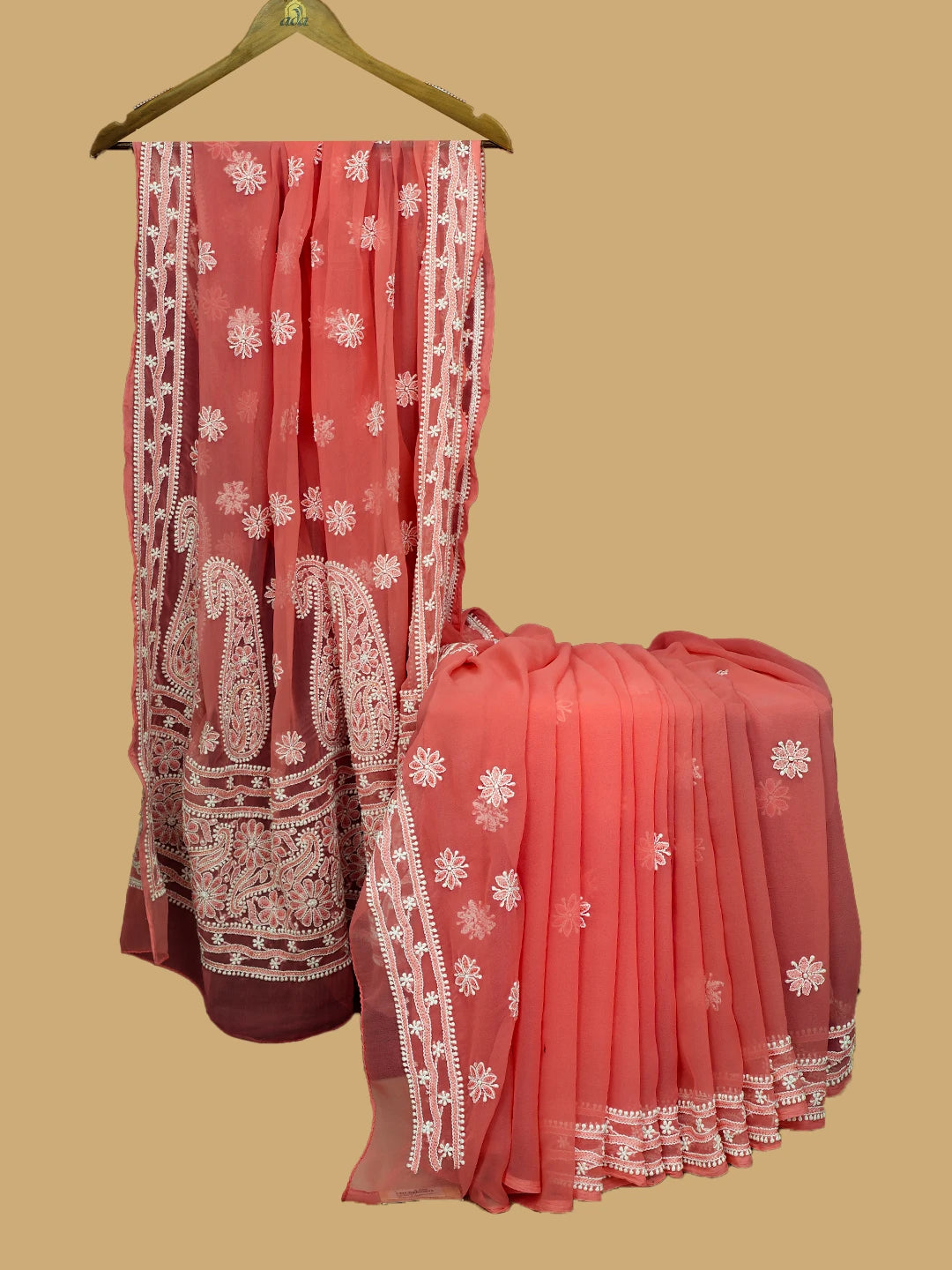 Ada Hand Embroidered Carrot Pink Georgette Lucknowi Chikankari Saree and Blouse With Zari Work 01A143927