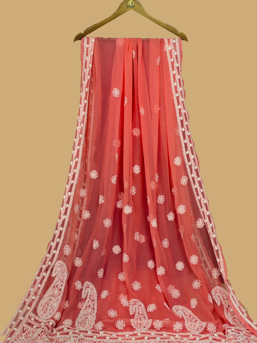 Ada Hand Embroidered Carrot Pink Georgette Lucknowi Chikankari Saree and Blouse With Zari Work 01A143927