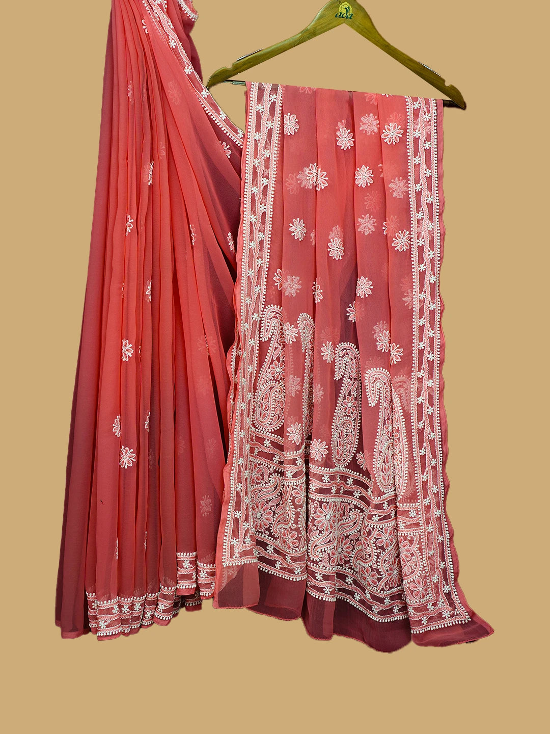 Ada Hand Embroidered Carrot Pink Georgette Lucknowi Chikankari Saree and Blouse With Zari Work 01A143927