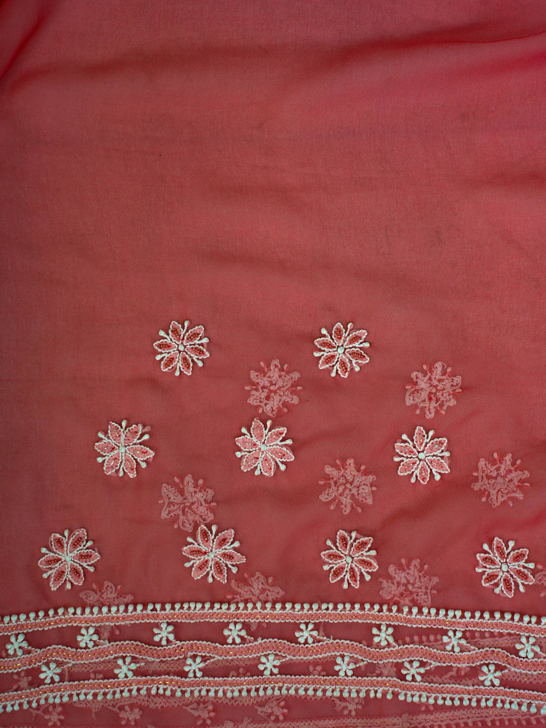 Ada Hand Embroidered Carrot Pink Georgette Lucknowi Chikankari Saree and Blouse With Zari Work 01A143927