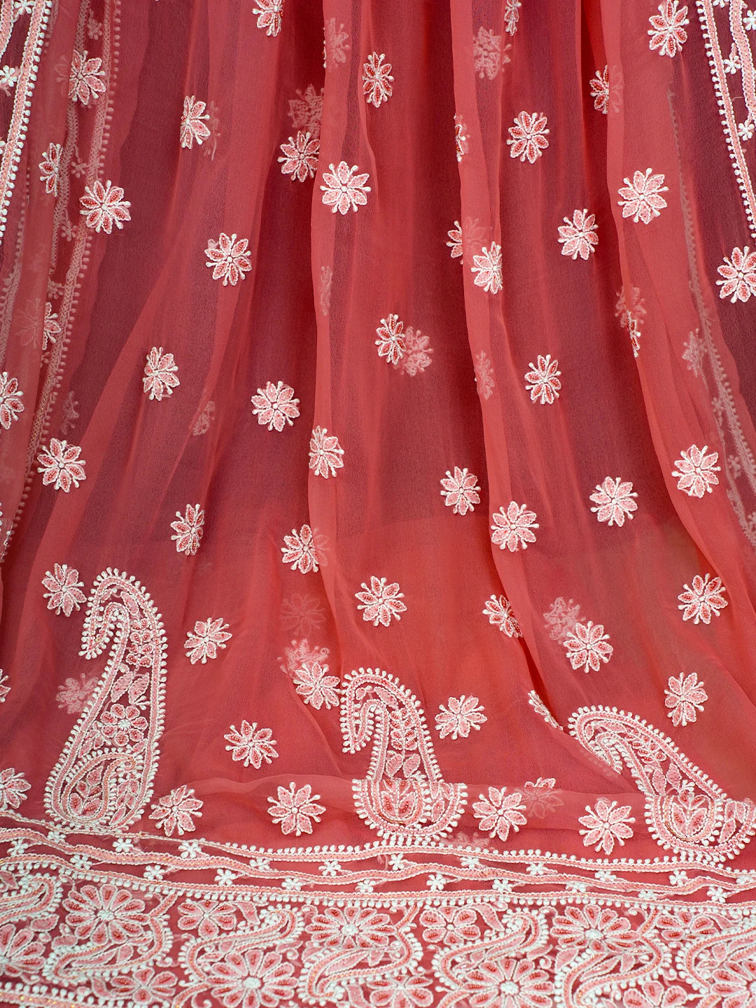 Ada Hand Embroidered Carrot Pink Georgette Lucknowi Chikankari Saree and Blouse With Zari Work 01A143927